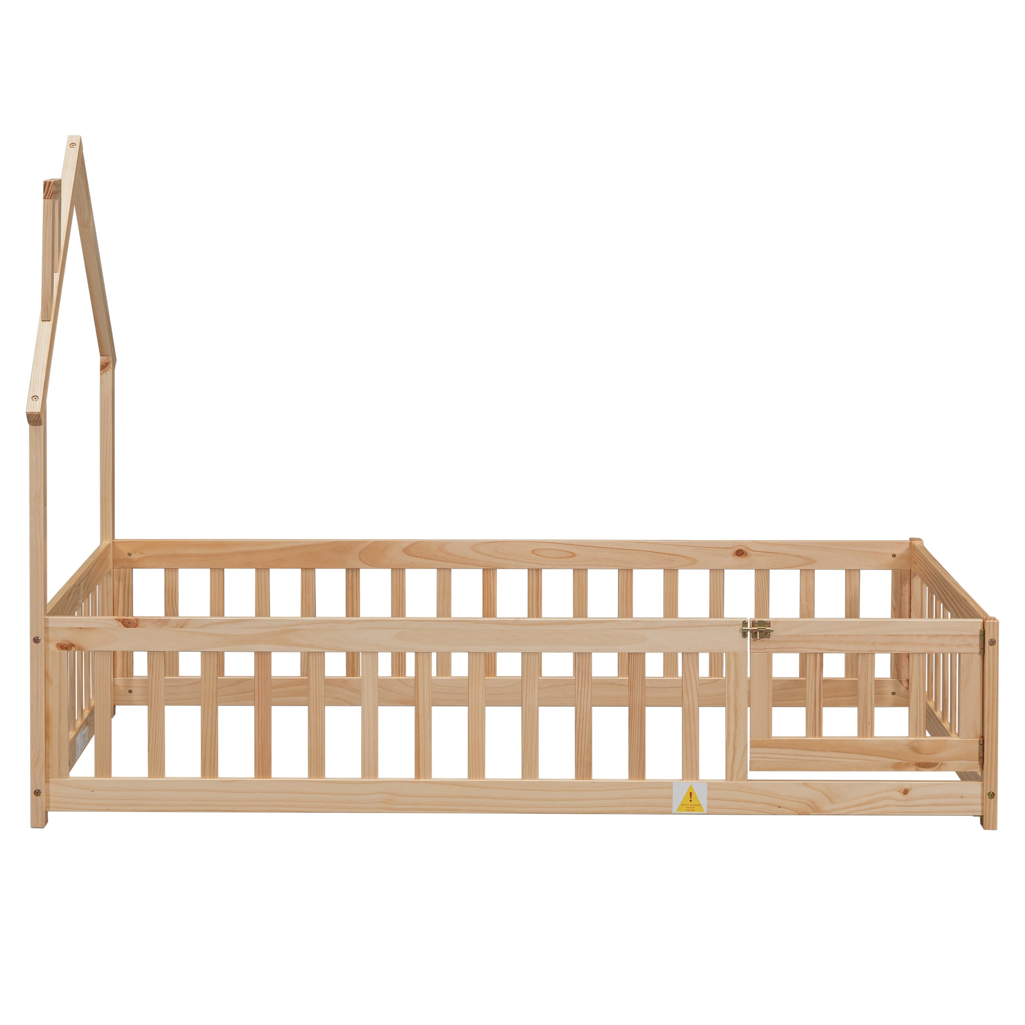 Natural Twin House-Shaped Headboard Toddler Floor Bed with Fence