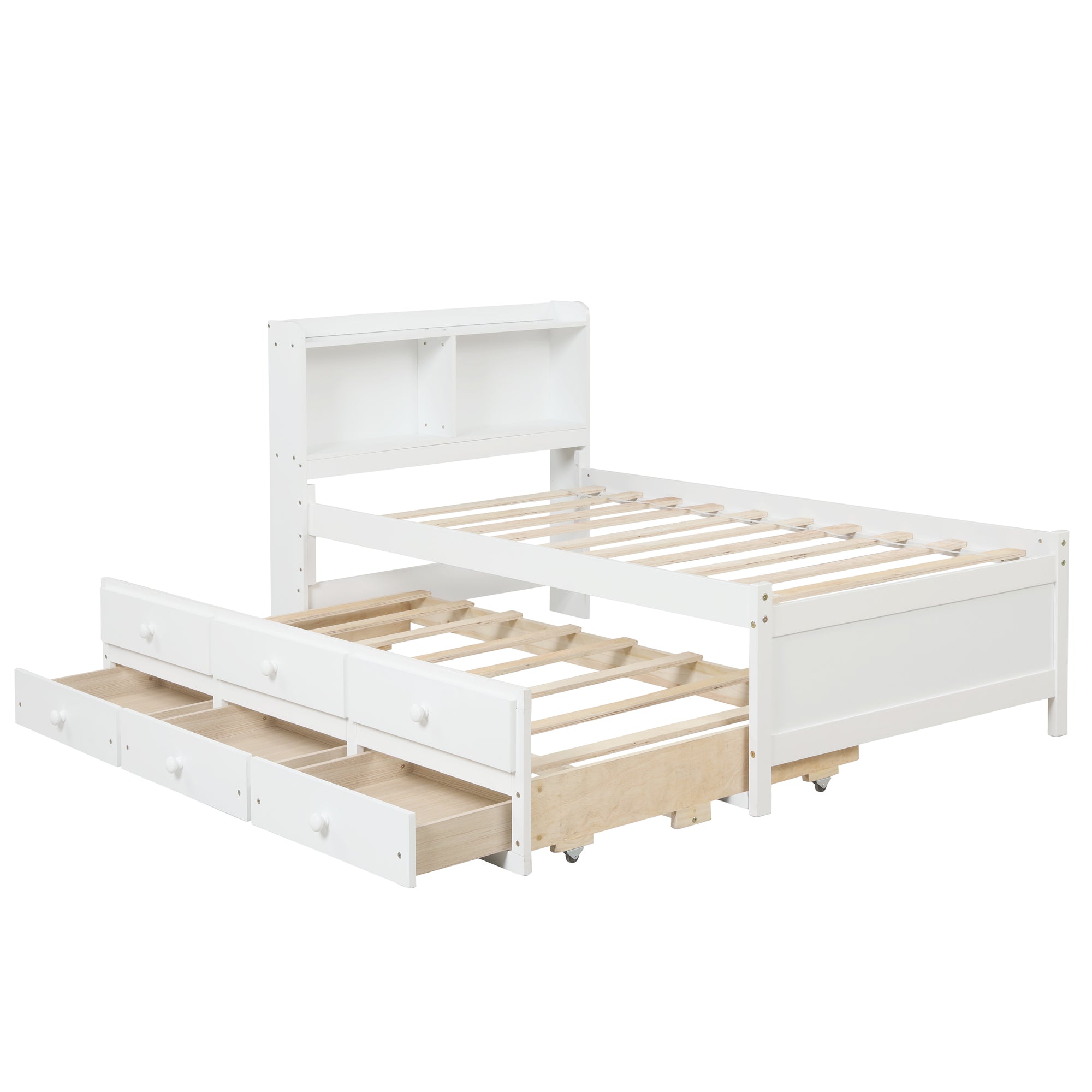 White Twin Bed with Bookcase, Trundle, and Drawers