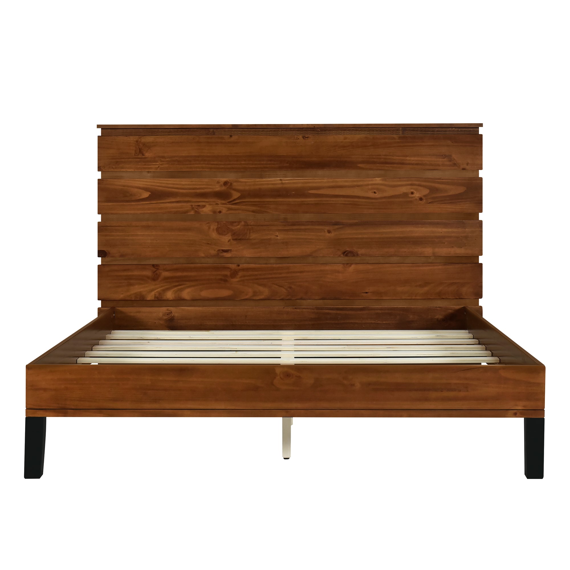 Brown Full Mid-Century Modern Solid Wood Bed with Six-Piece Headboard