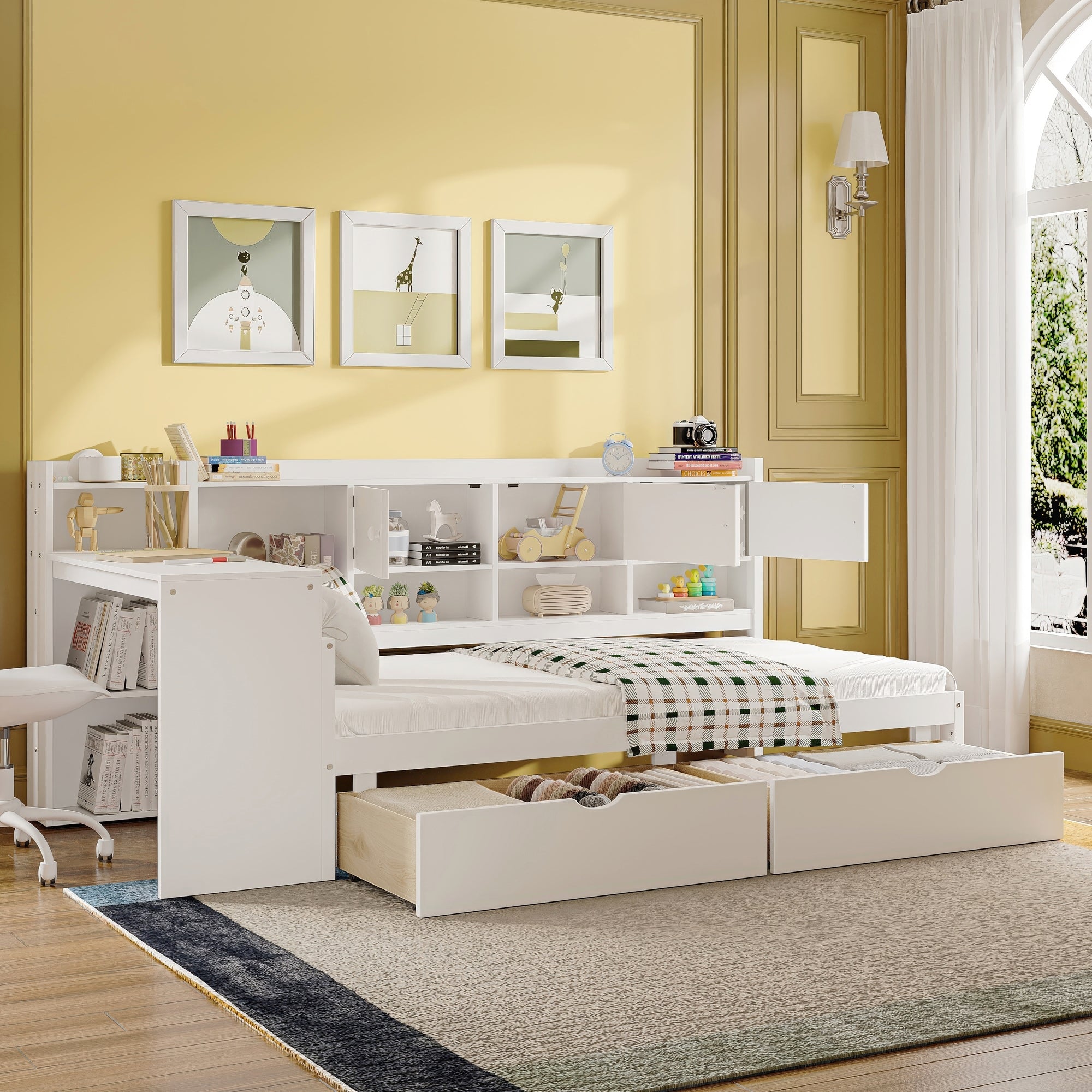 Wooden L-Shape Daybed with Seven Storage Cabinets and Two Drawers Multi-functional Bed with Study Desk and Bookshelf In White