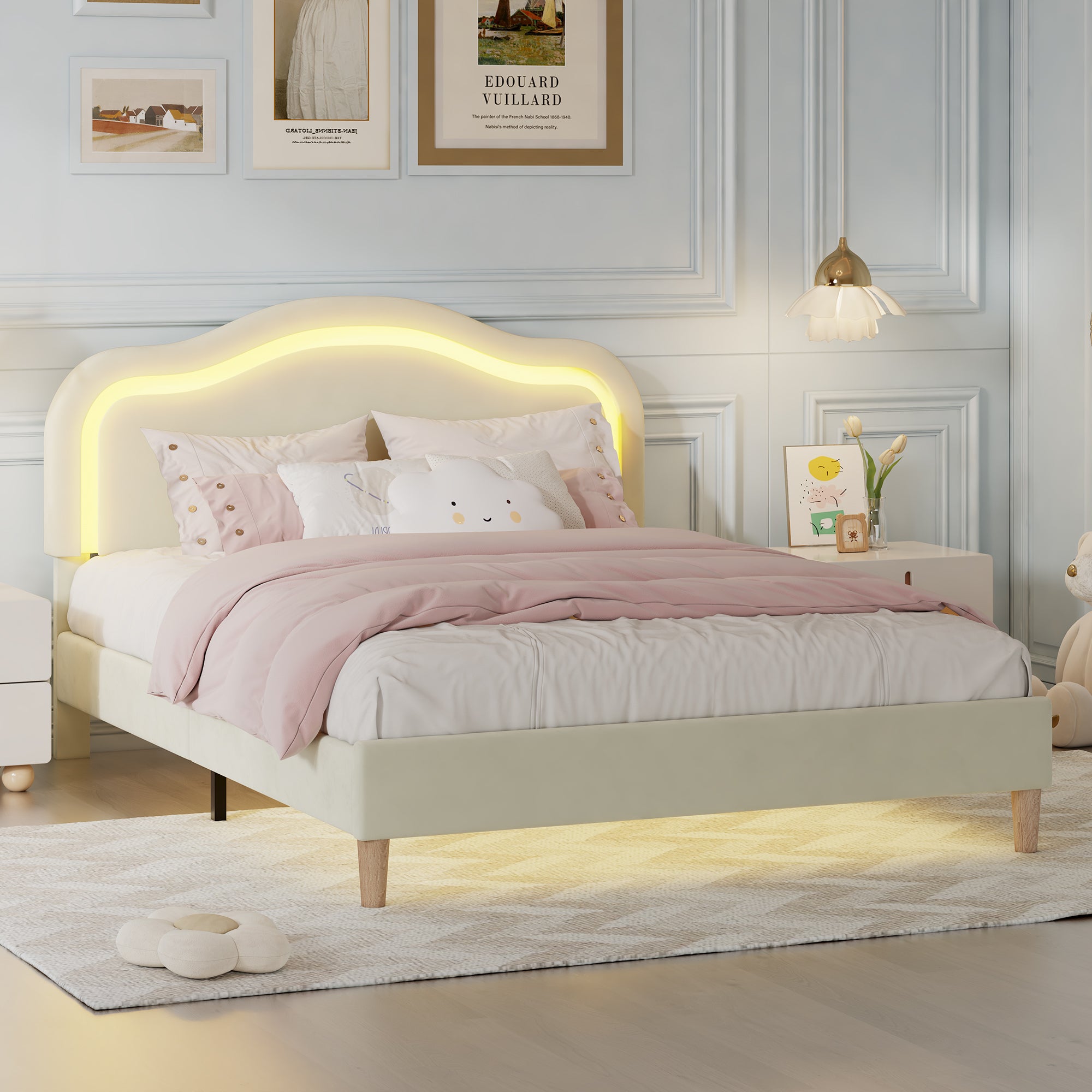 Twin Bed Frame with Adjustable LED Lights and Beige Velvet Upholstery