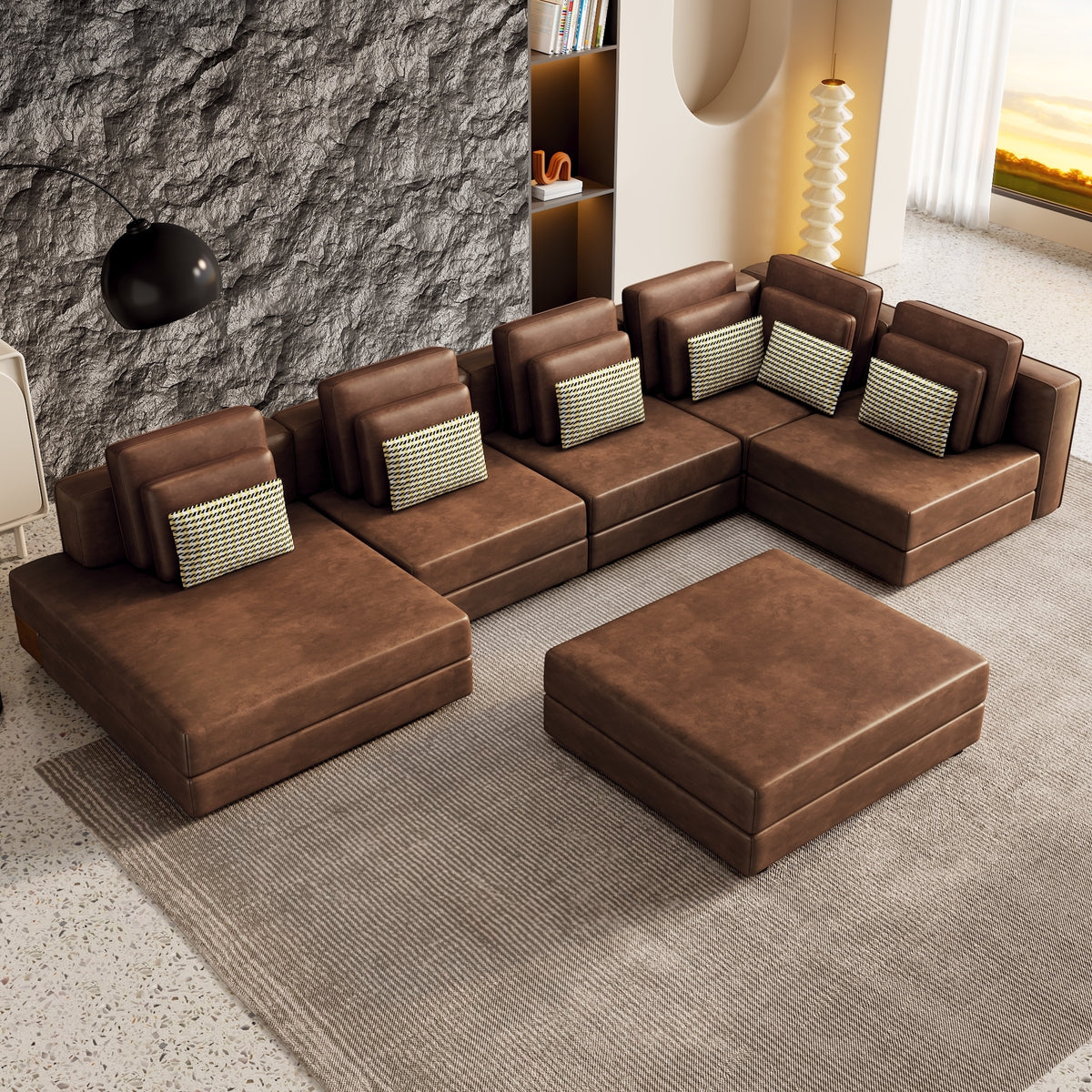 Casablanca Modular Sectional Sofa with Movable Ottoman in Brown Palomino