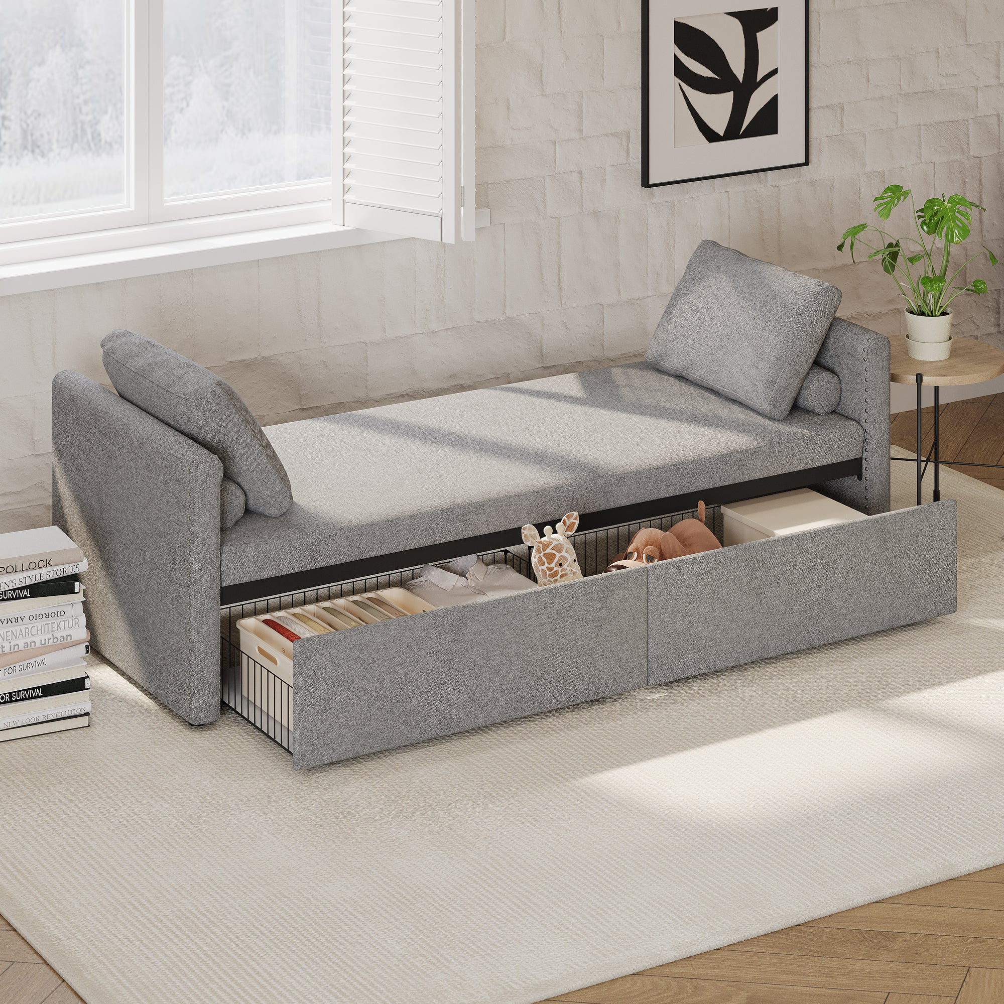 Gray Modern Linen Upholstered Chaise Lounger Daybed