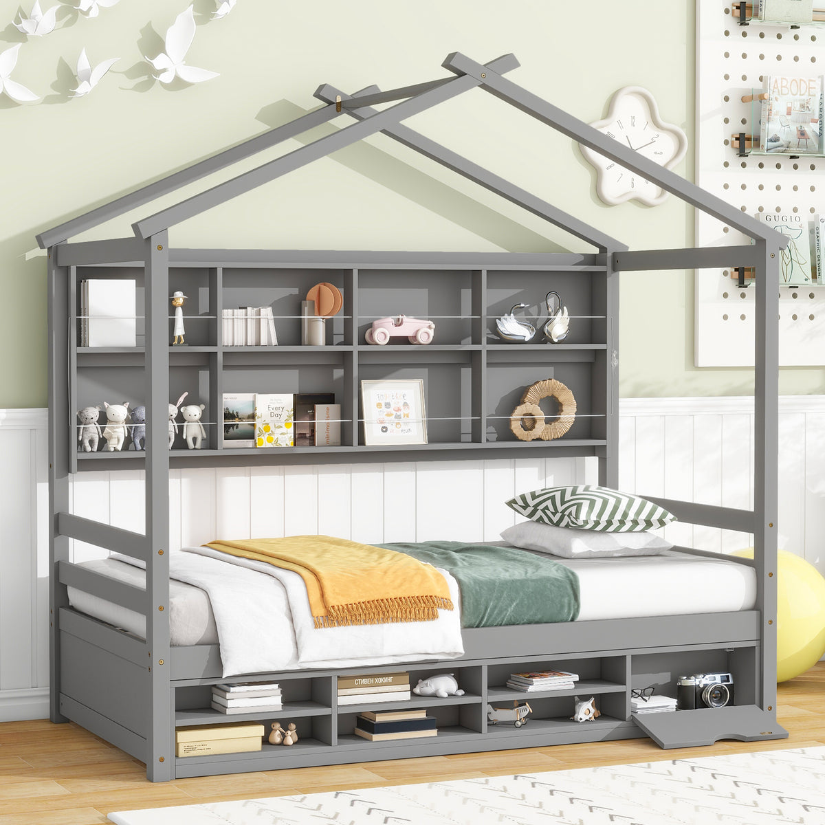 Gray Twin House Bed with Roof Frame, Bedside Shelves &amp; Under-Bed Storage Unit