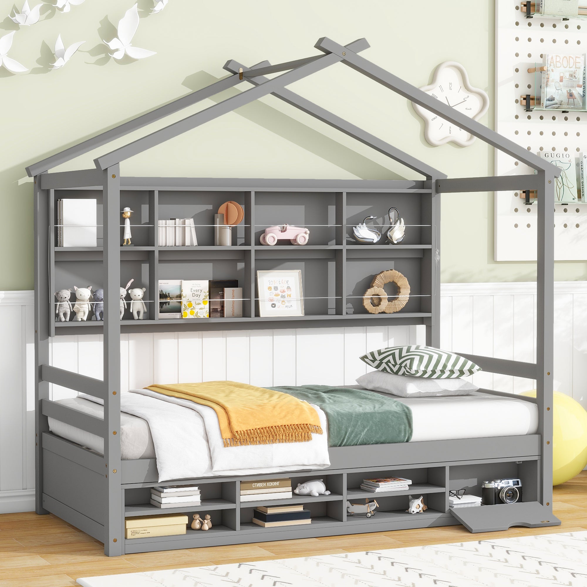 Gray Twin House Bed with Roof Frame, Bedside Shelves & Under-Bed Storage Unit