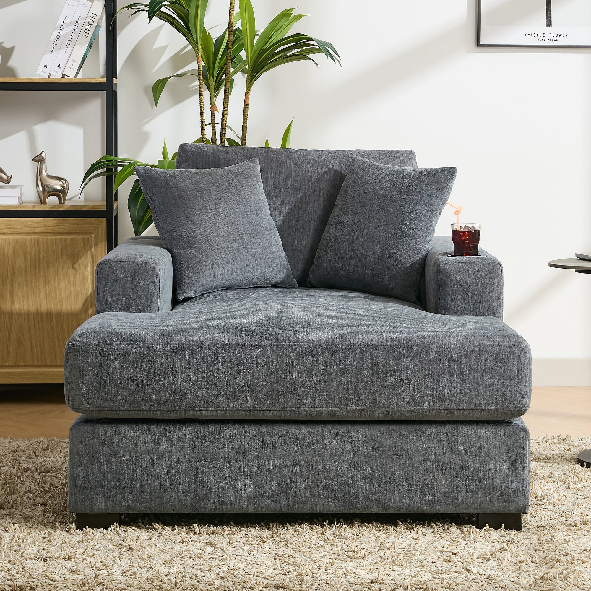 Blue-Gray Chenille Oversized Chaise Lounger with Built-In Charge Station & Cup Holders