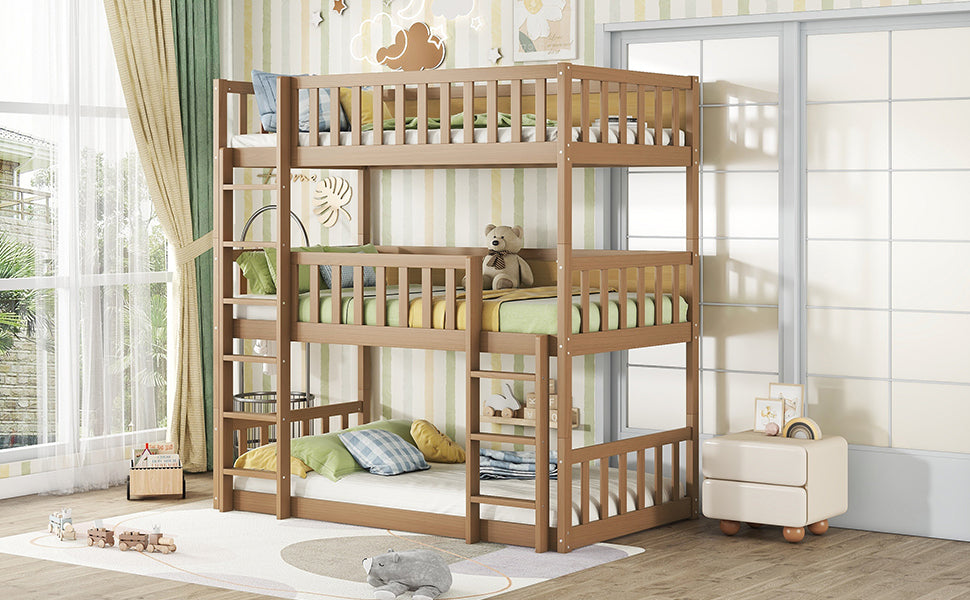 Twin Size Triple Rubber Wood Detachable Bunk Bed in White Oak