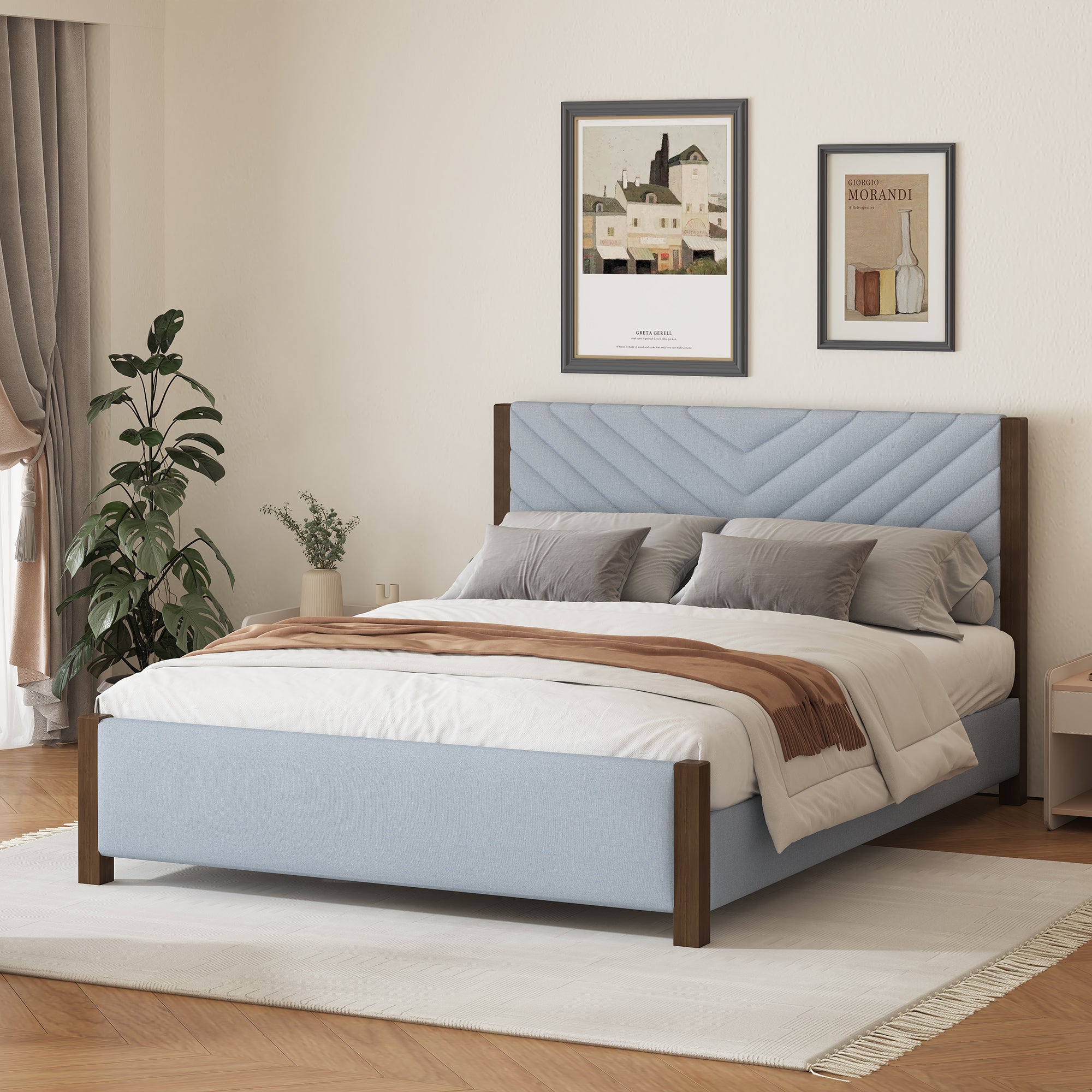 Modern Mid-Century Queen Upholstered Platform Bed with Chevron Headboard in Gray