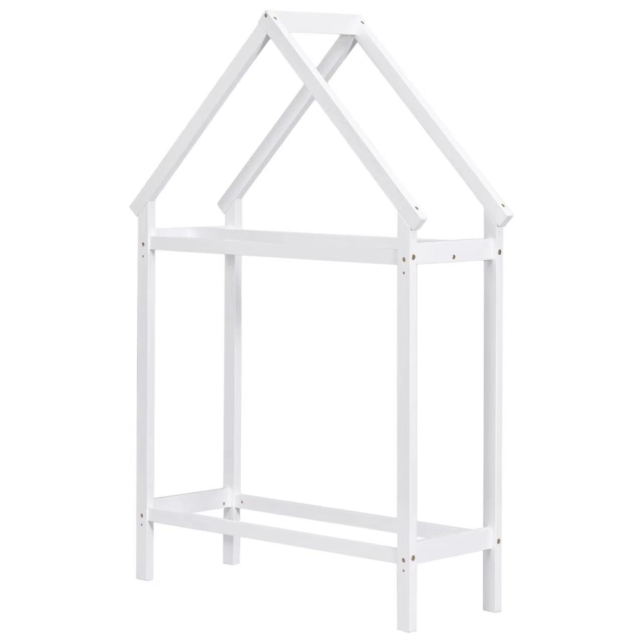 Twin Size Wood House-Shaped Floor Bed with Storage Shelf and Hanger in White