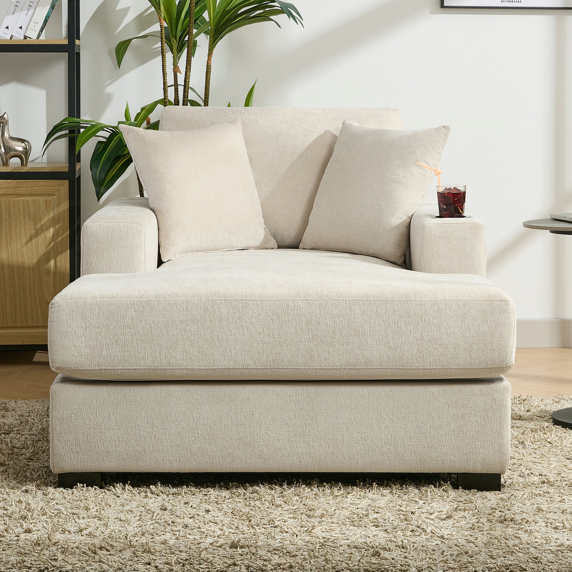 Cream Chenille Oversized Chaise Lounger With Built-In Charge Station & Cup Holders