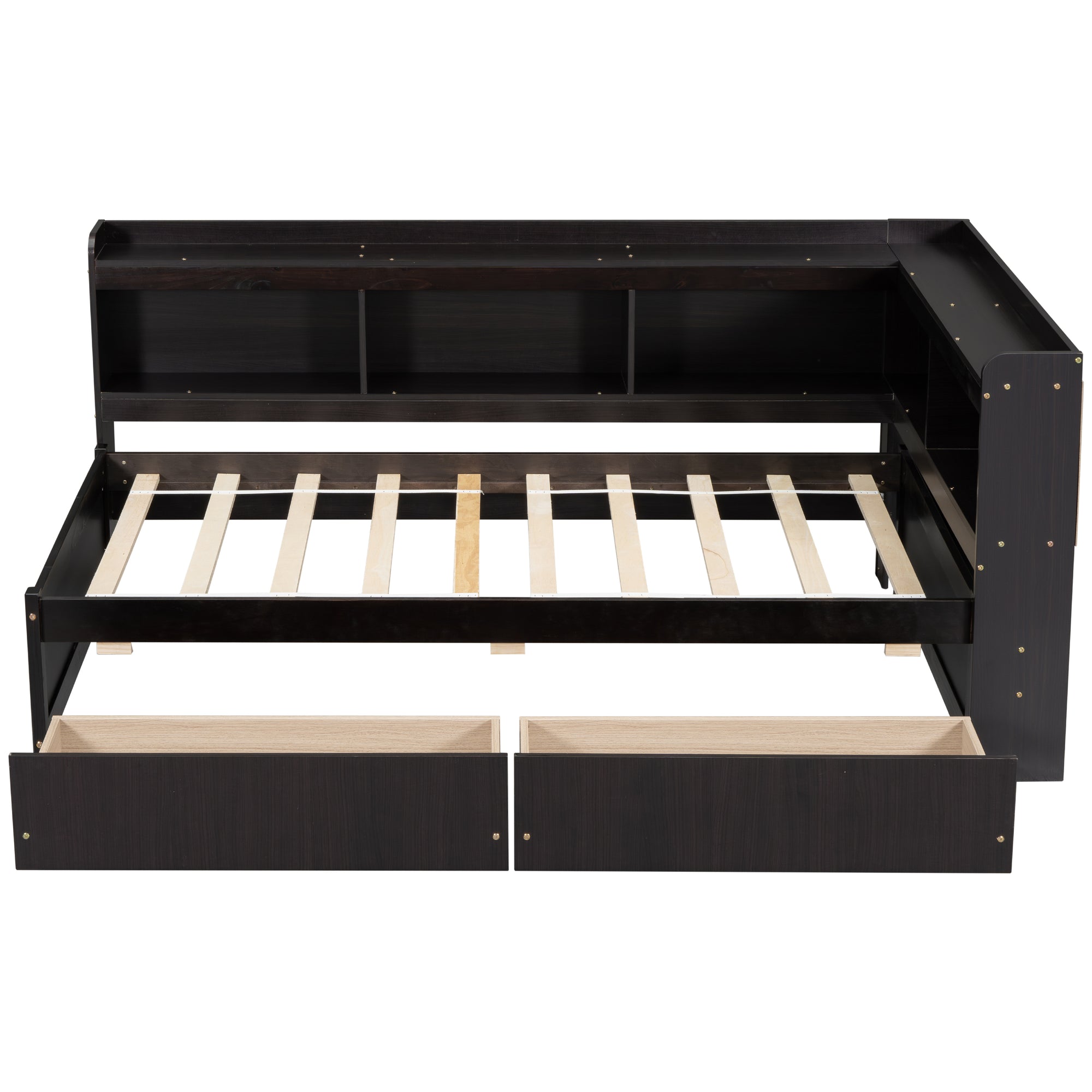 Espresso Tone Twin Bed with L-Shaped Bookcases and Storage Drawers