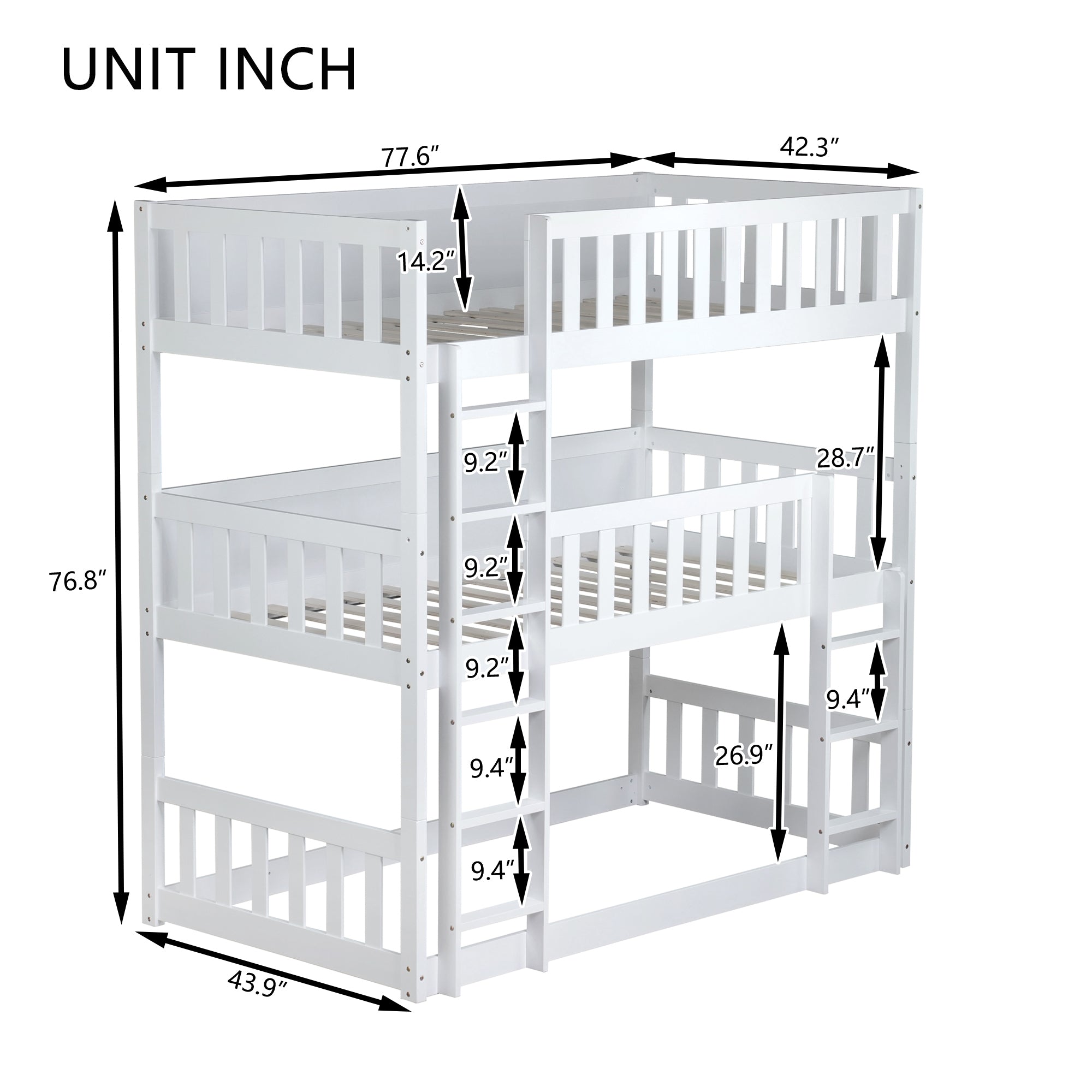 Detachable Twin Size Triple Bunk Bed with Ladders and Guardrails in White