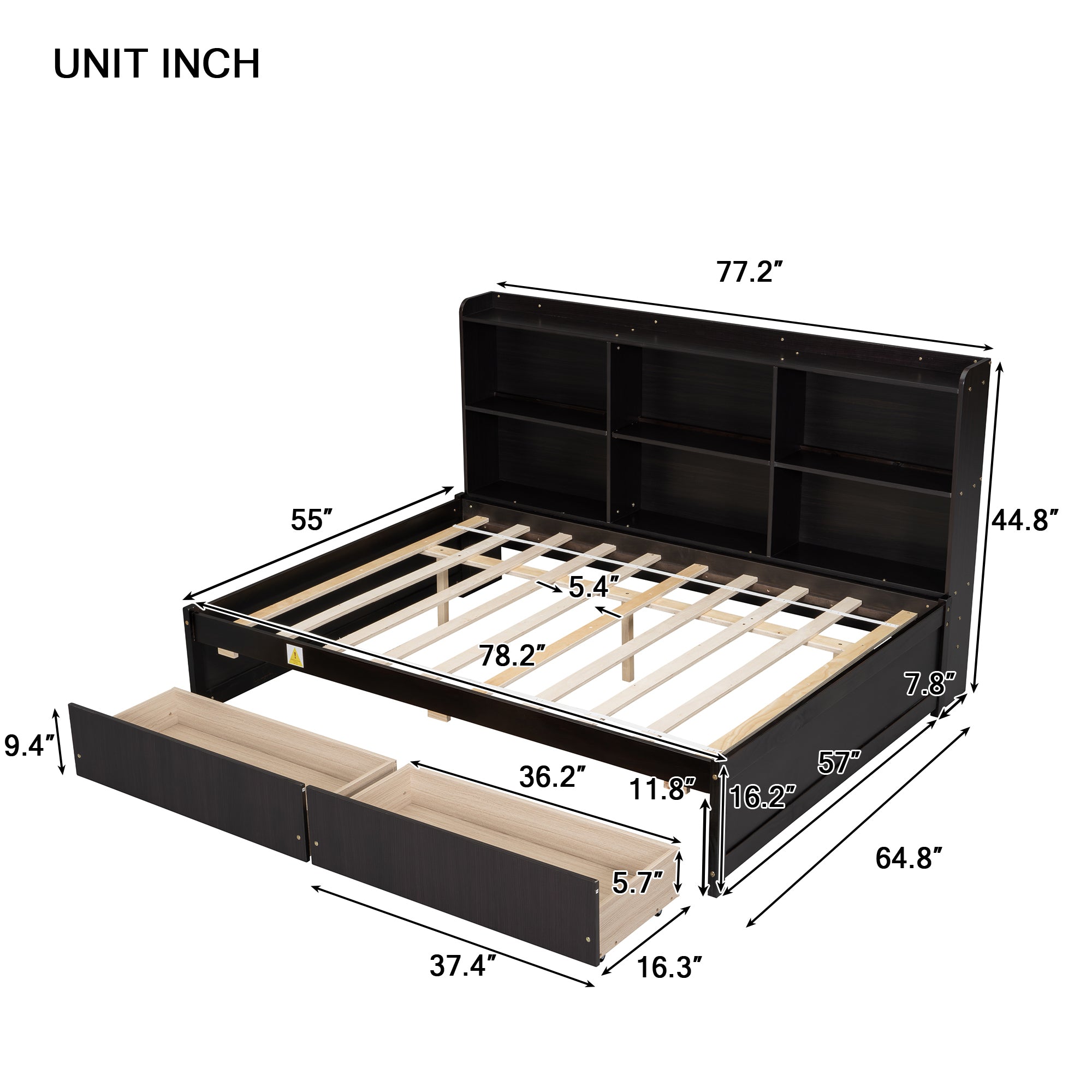 Full Bed with Side Bookcase and Storage Drawers in Espresso Tones