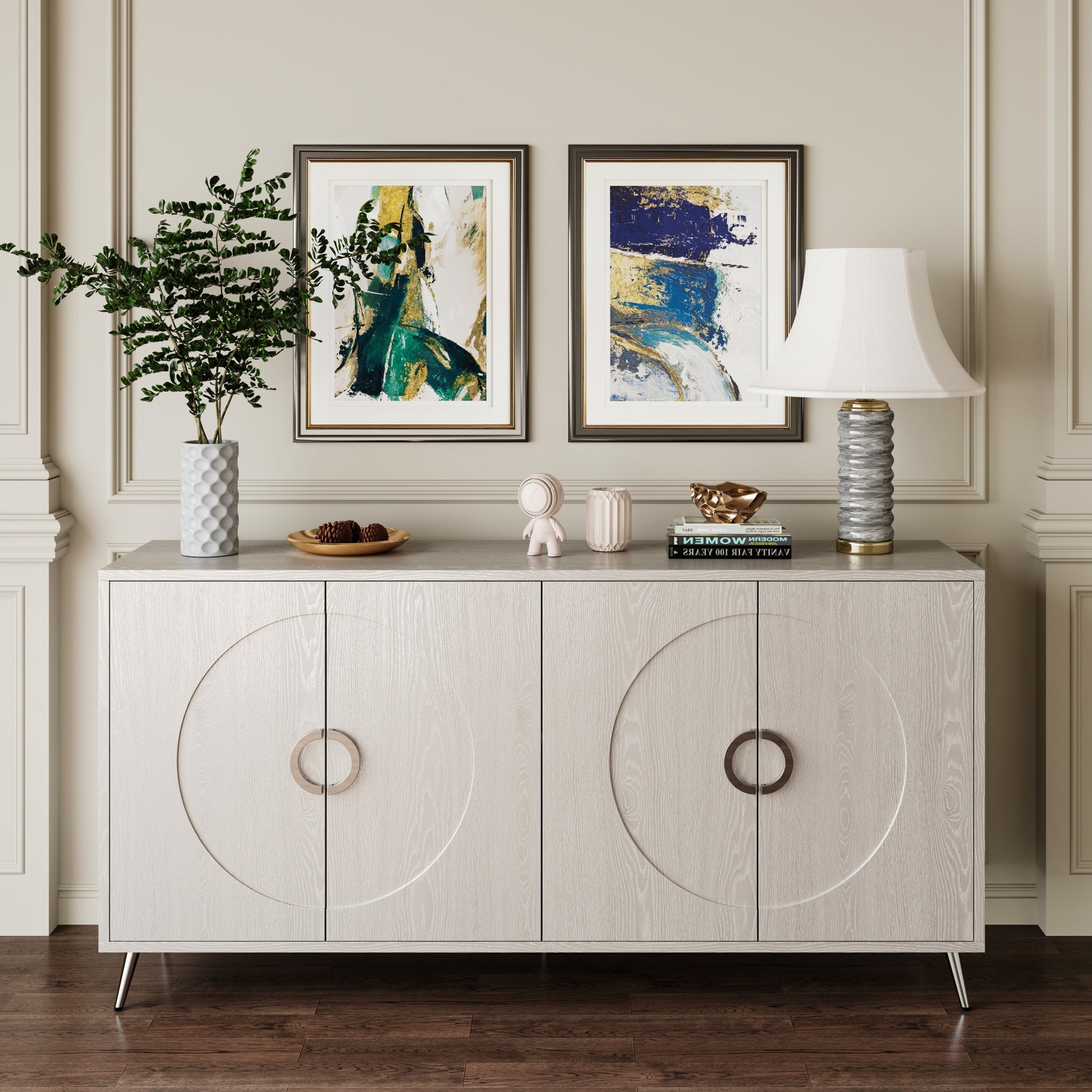 Modern Lacquered 4 Door Wooden Buffet Server Storage Cabinet In Champagne Silver