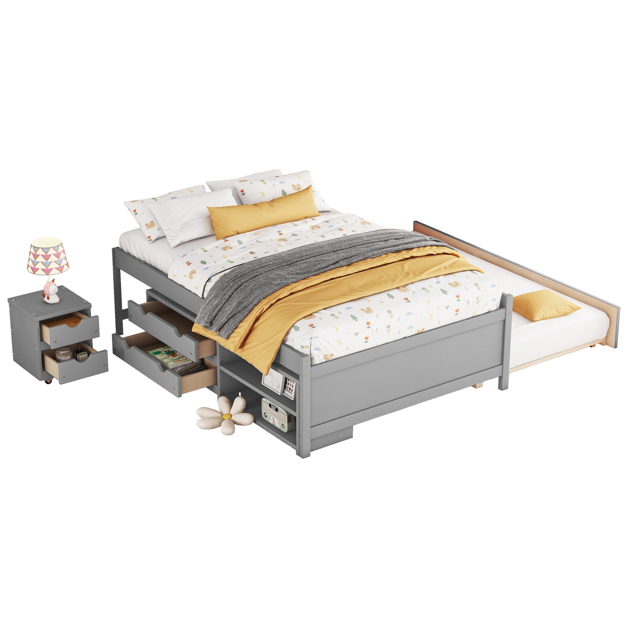 Versatile Full Bed with Trundle, Under-Bed Storage Box, and Nightstand