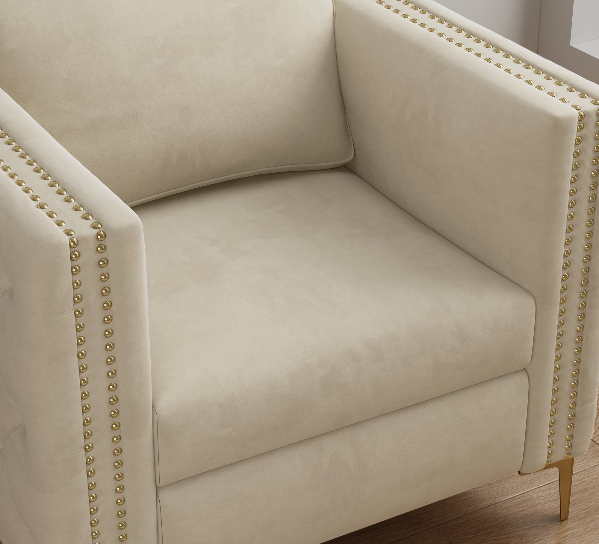 Beige Velvet Accent Chair with Gold Metal Legs