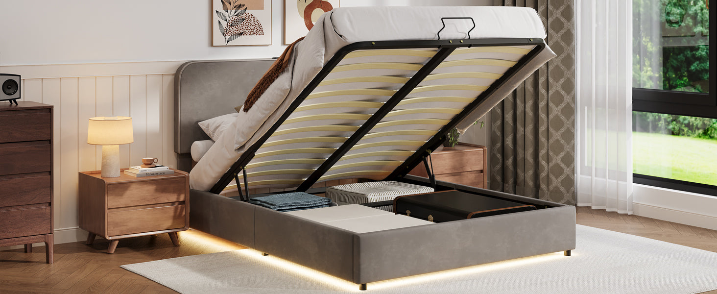 Gray Queen Hydraulic Storage Bed with LED Lights, Built-in Bluetooth Speaker, and USB Charging