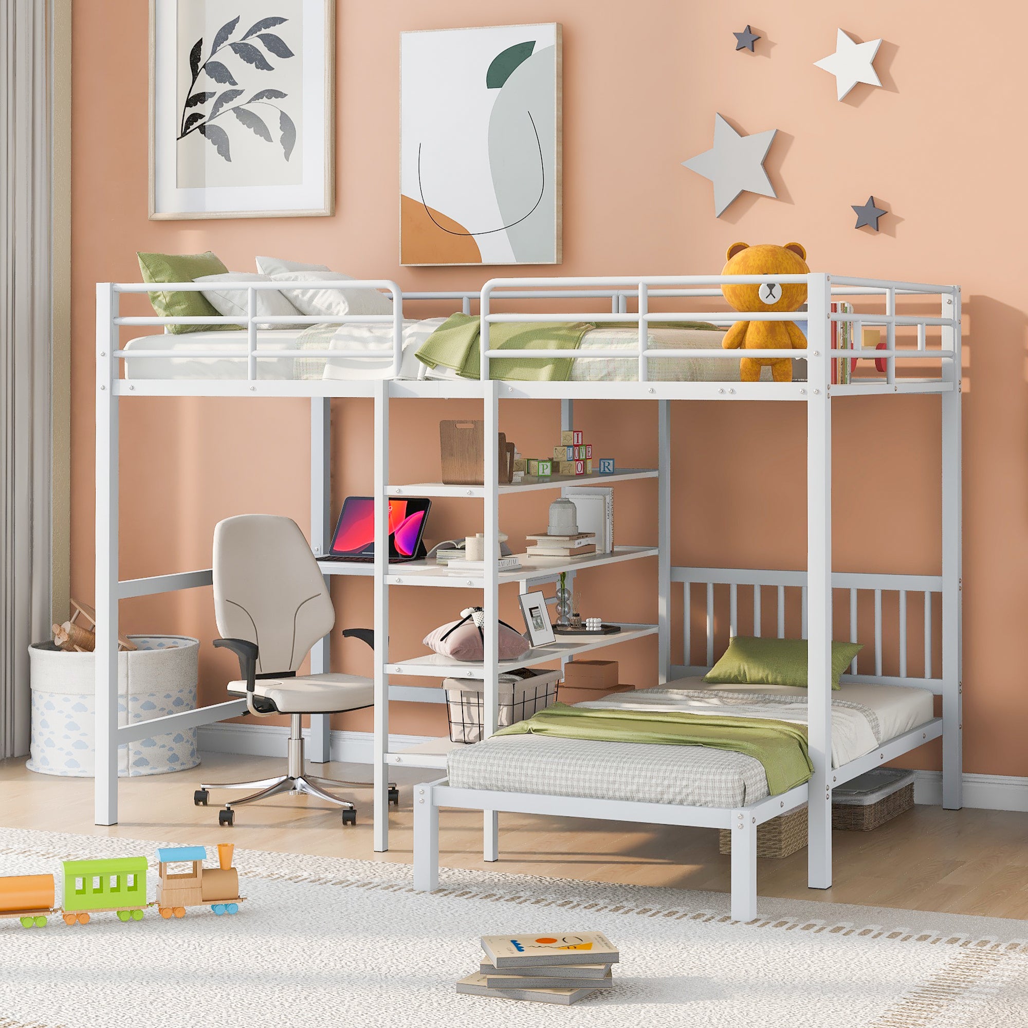 Full Over Twin Metal Bunk Bed with Built-in Desk and Shelves In White