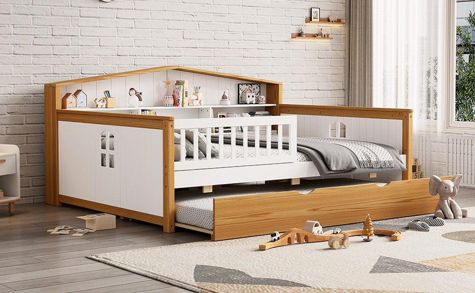 Full Size Safety Bed Frame with Trundle and Integrated Bookcase Headboard