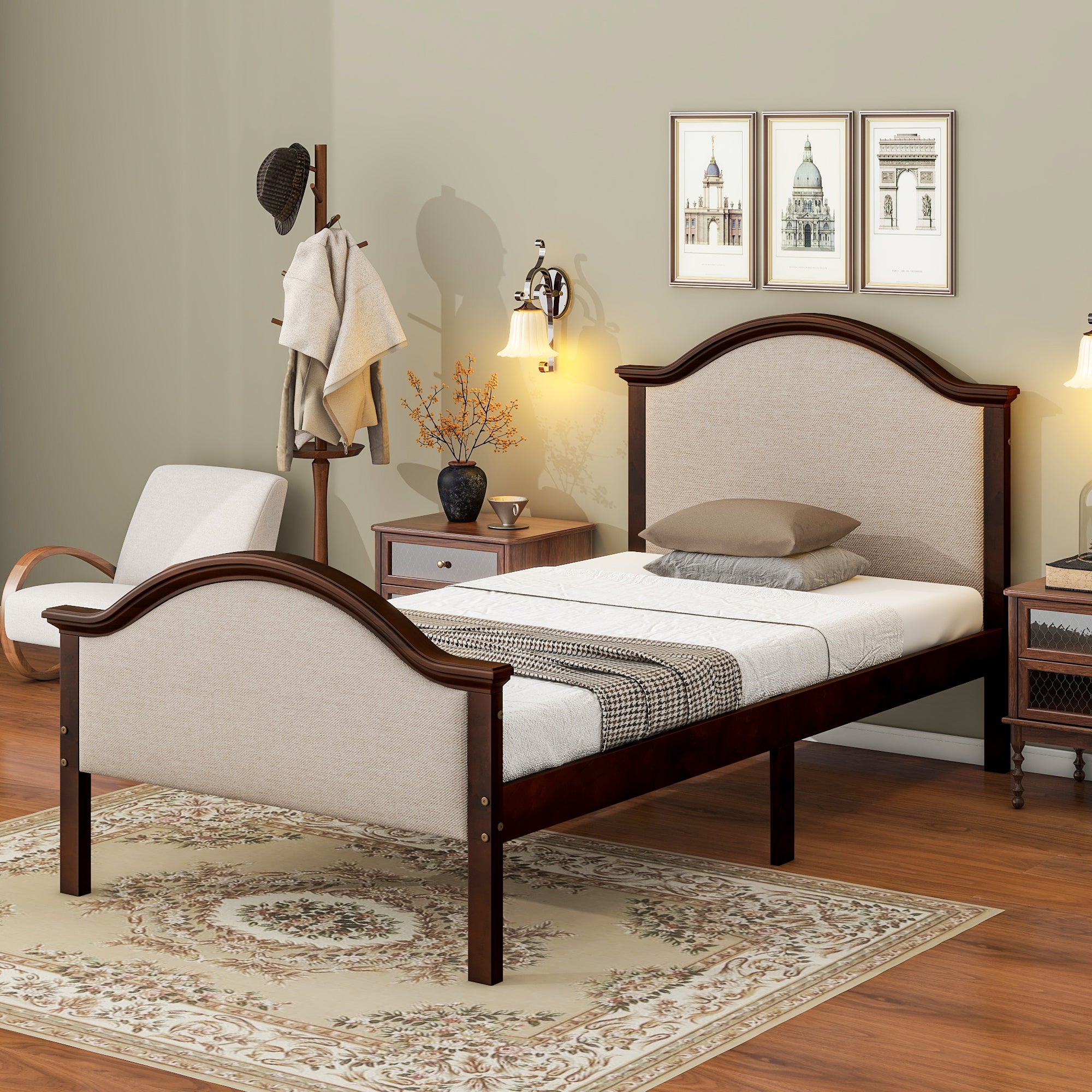 Walnut Finish Twin Size Bed Frame with Headboard and Footboard