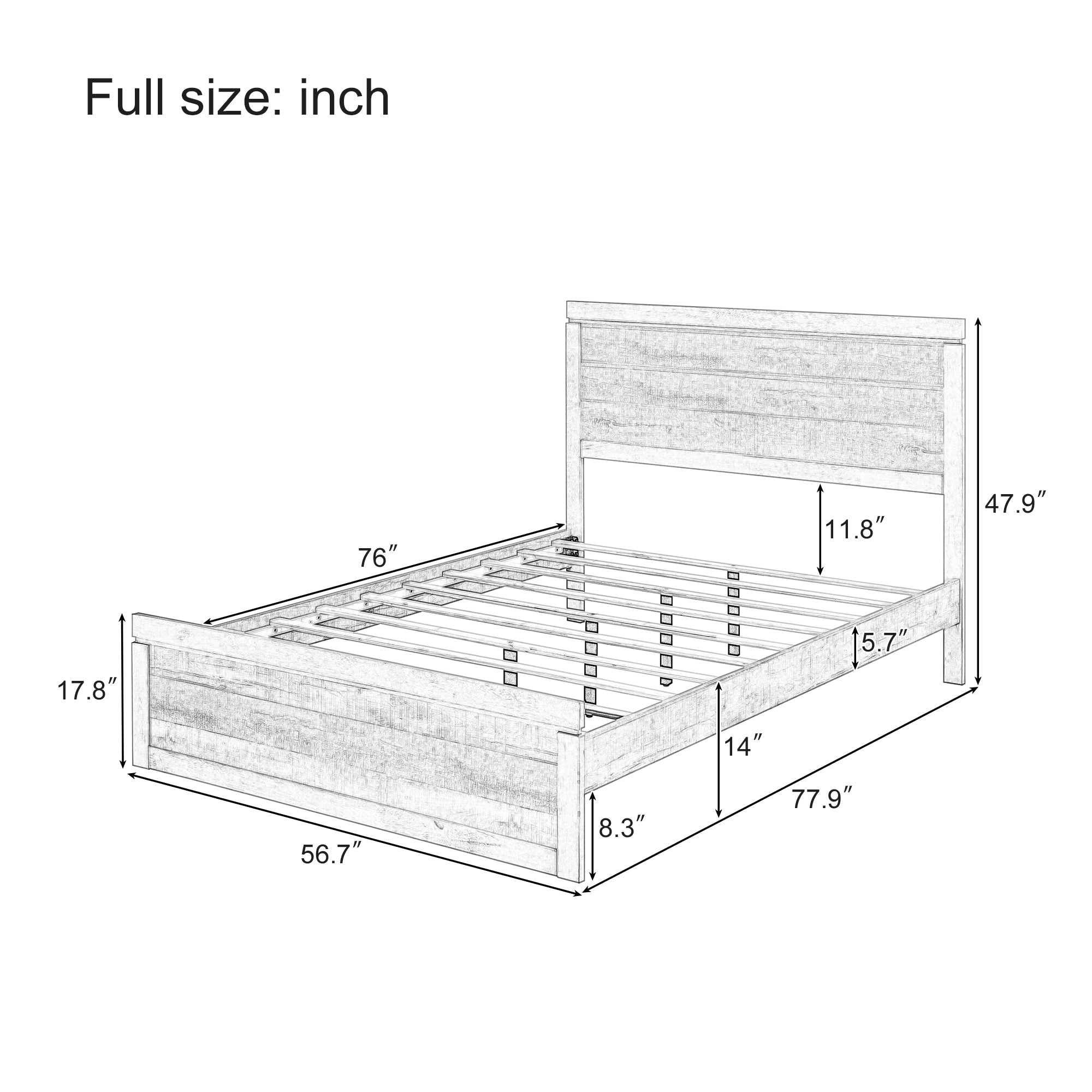 Full Size Farmhouse Style Pine Wood Platform Bed Frame in Rustic White