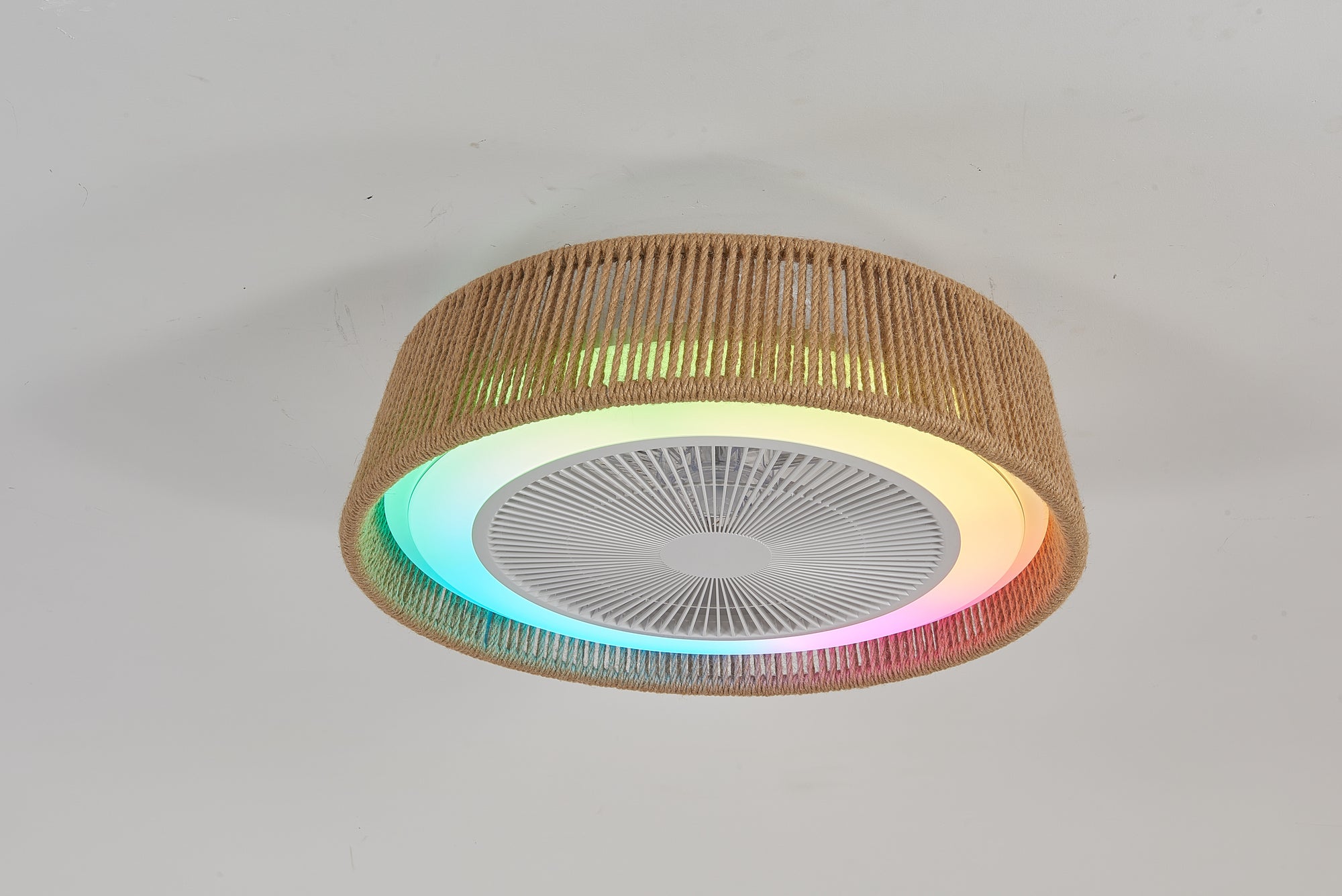 Rope Woven Quiet Ceiling Fan Light with LED RGB Mood Lighting