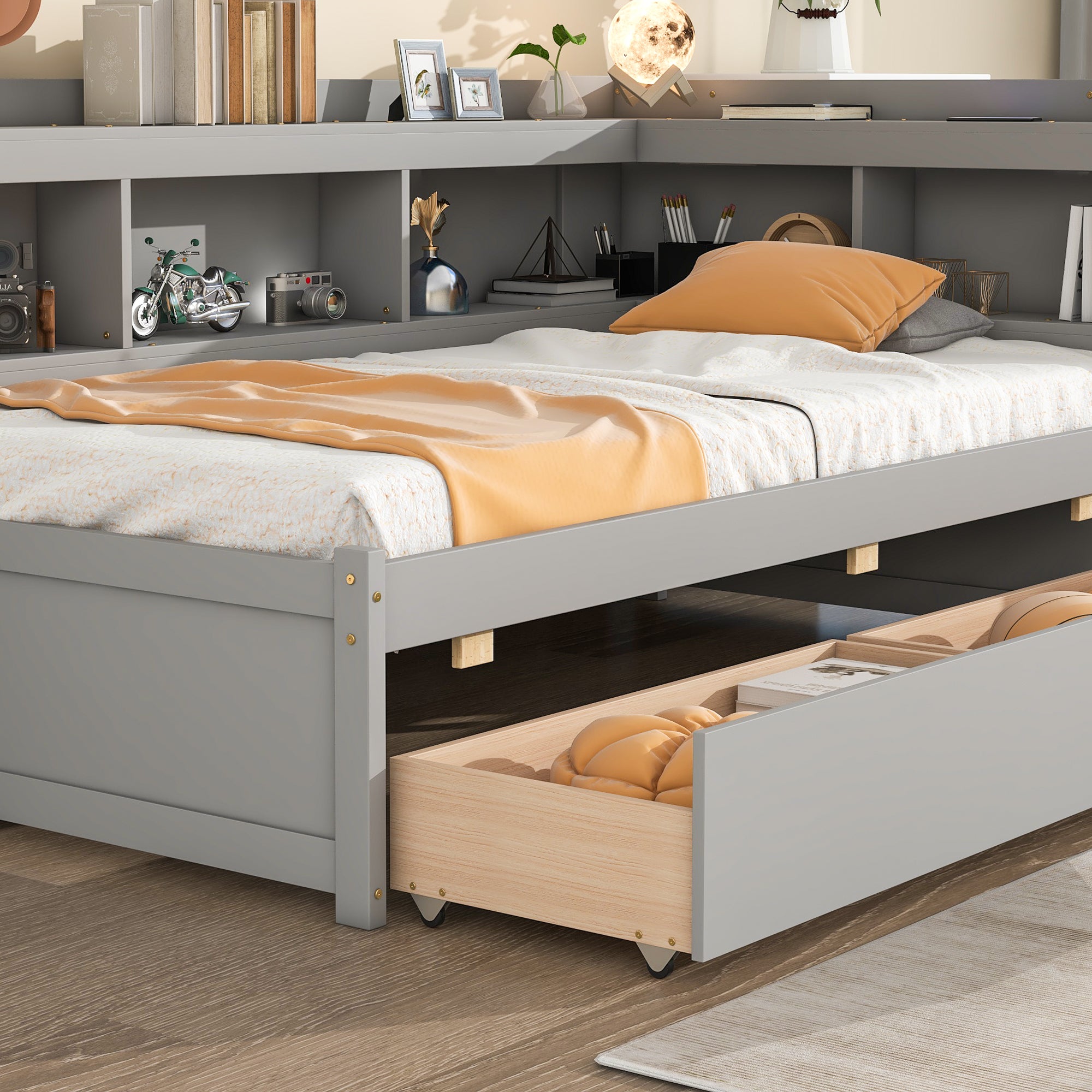 Twin Bed with L-Shaped Bookcases and Storage Drawers in Gray