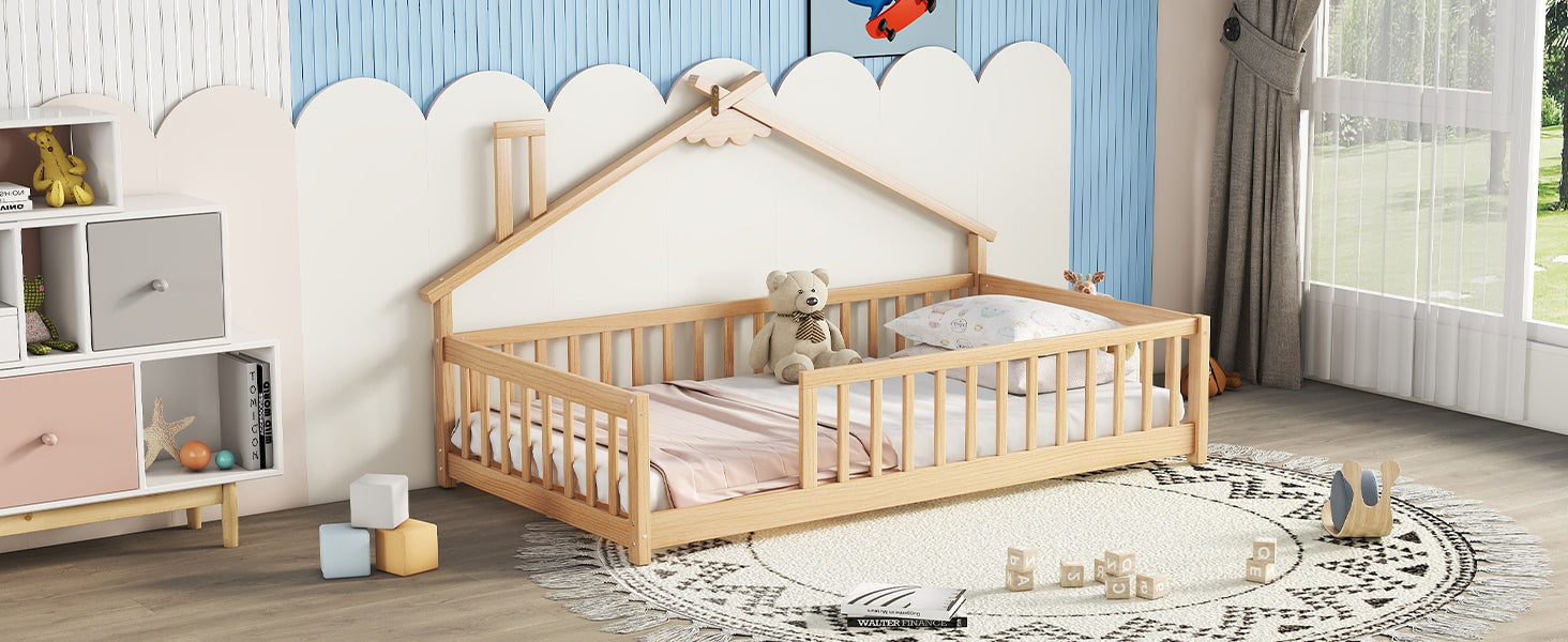 Twin House-Shaped Toddler Floor Bed with Guardrails and Fence in Natural Tones