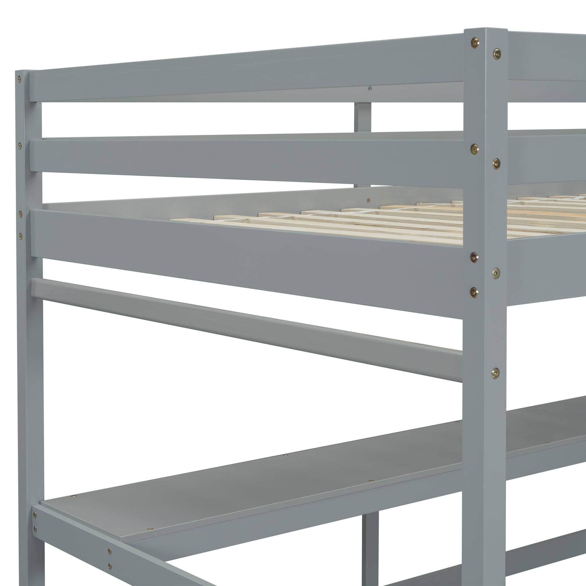 Gray Full Size High Loft Bed with Built-in Desk, Ladder Platform, and Guardrails