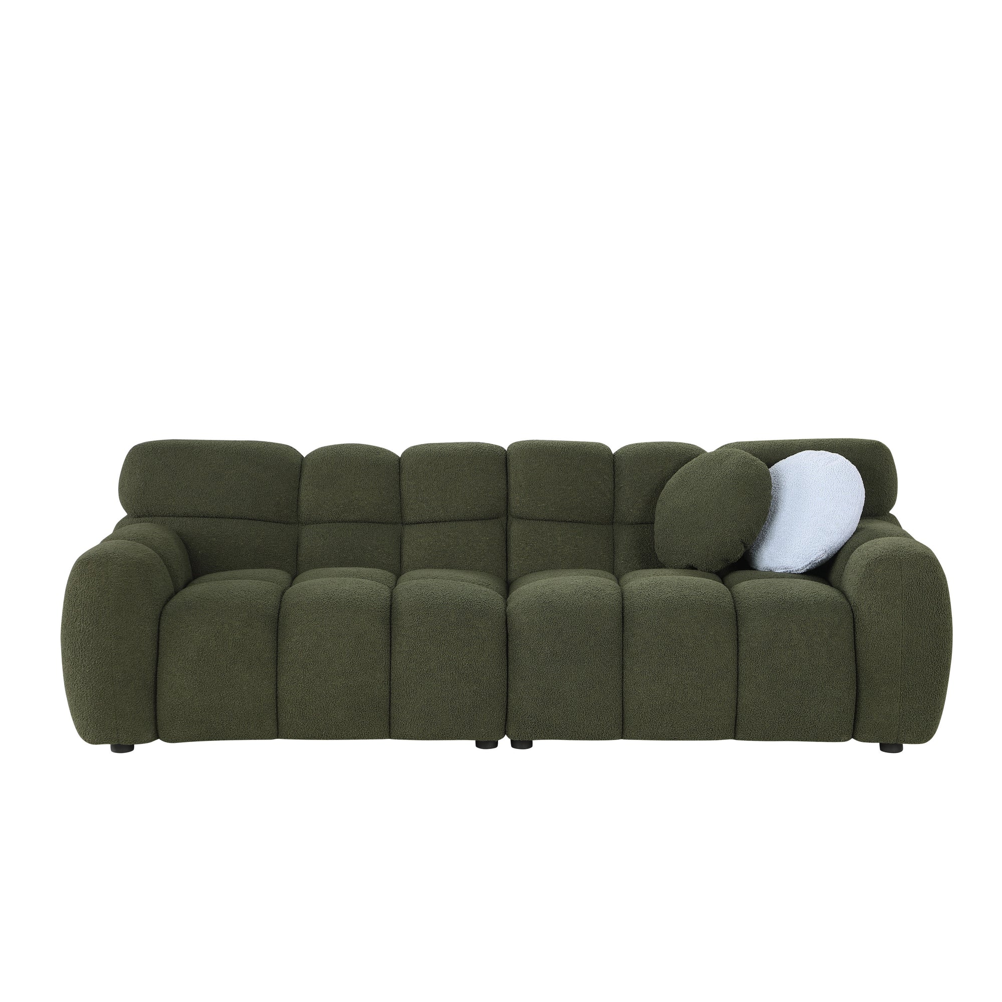 Olive Green Boucle 3-Seater Marshmallow Sofa with Rolled Arms & Plush Cushions