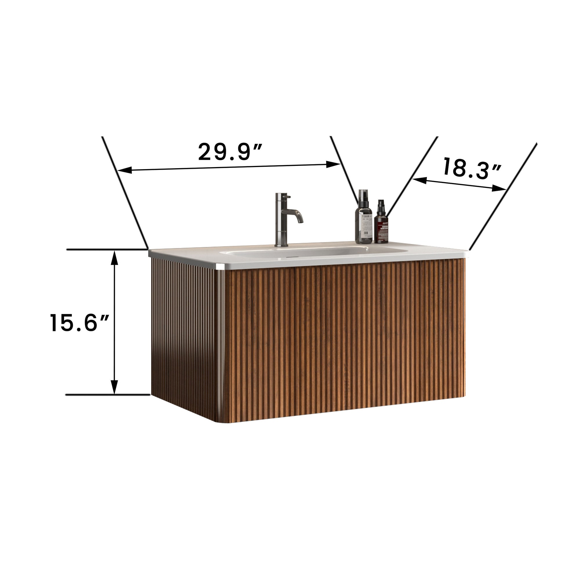 30 Inch Striped Walnut Bathroom Vanity with Integrated White Ceramic Sink Wall Mounted Design In White and Walnut