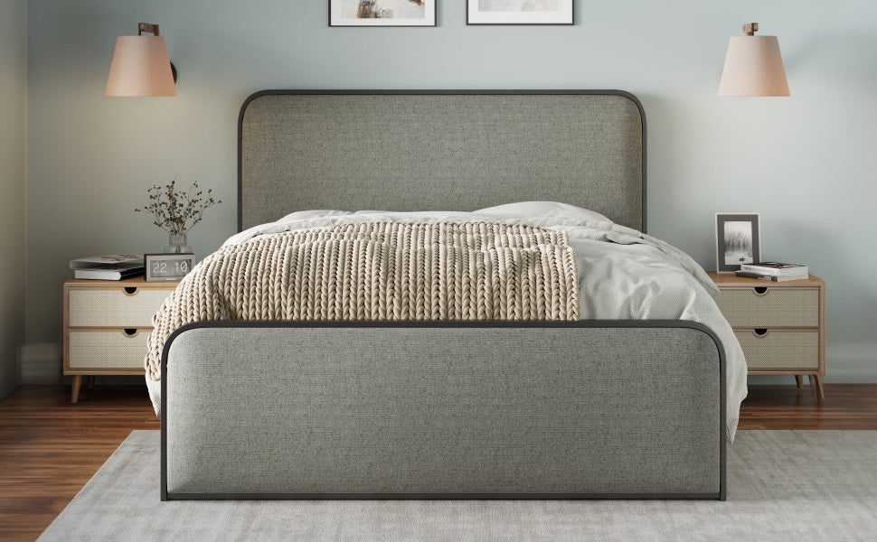 Gray Queen Metal Bed Frame with Upholstered Headboard