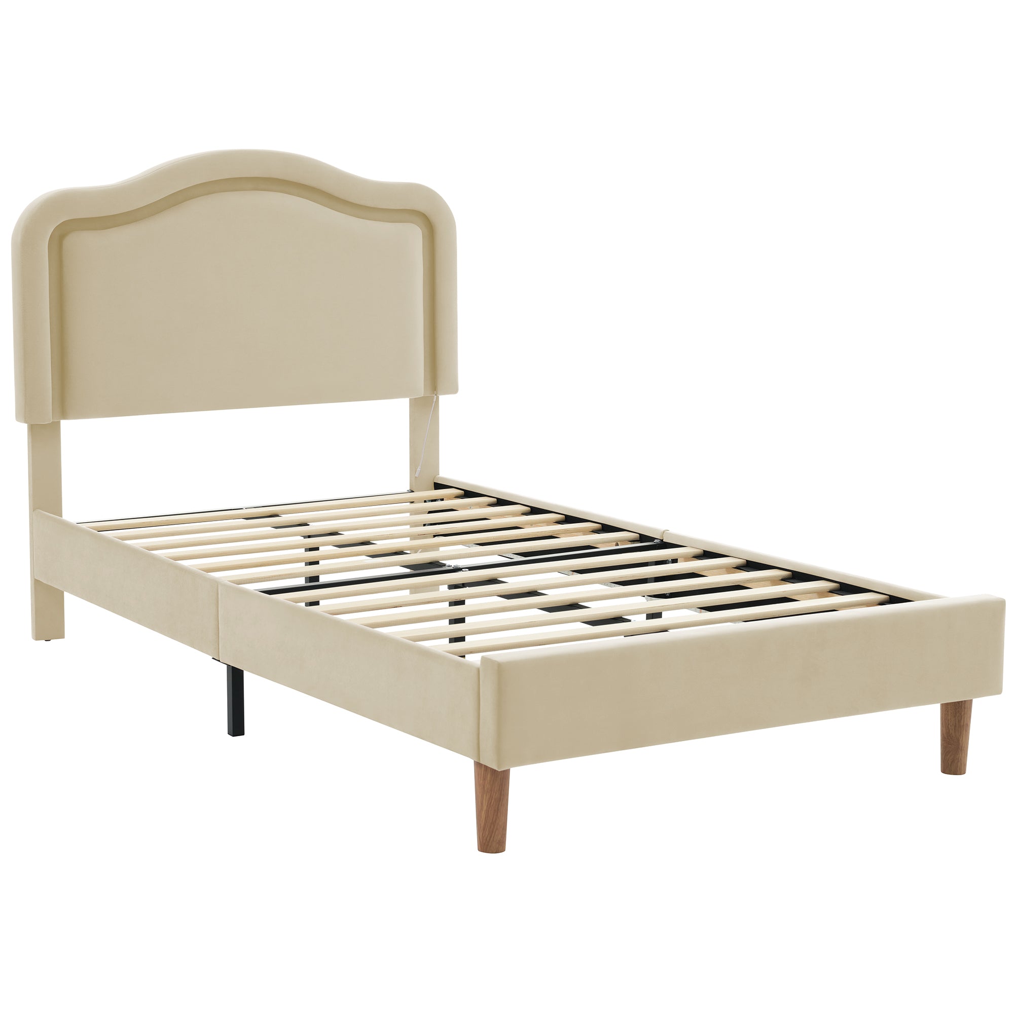 Twin Bed Frame with Adjustable LED Lights and Beige Velvet Upholstery