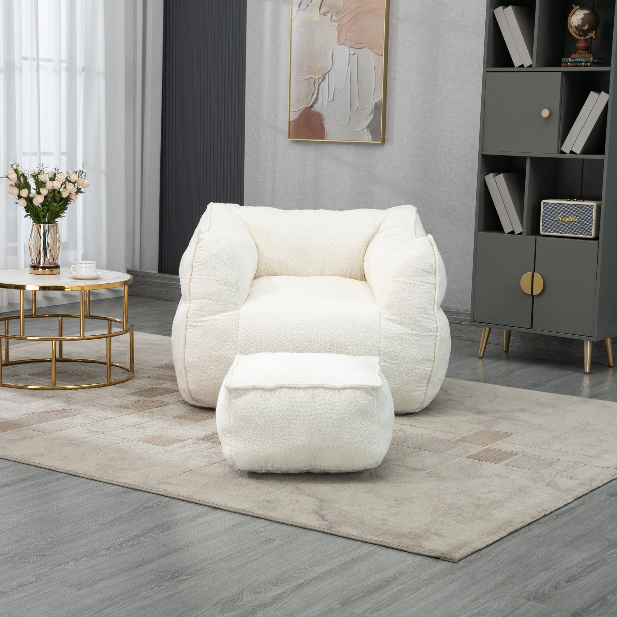 Modern High-Back  Beige Boucle Bean Bag Chair