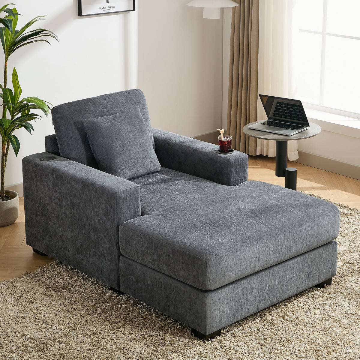 Blue-Gray Chenille Oversized Chaise Lounger with Built-in Charge Station &amp; Cup Holders