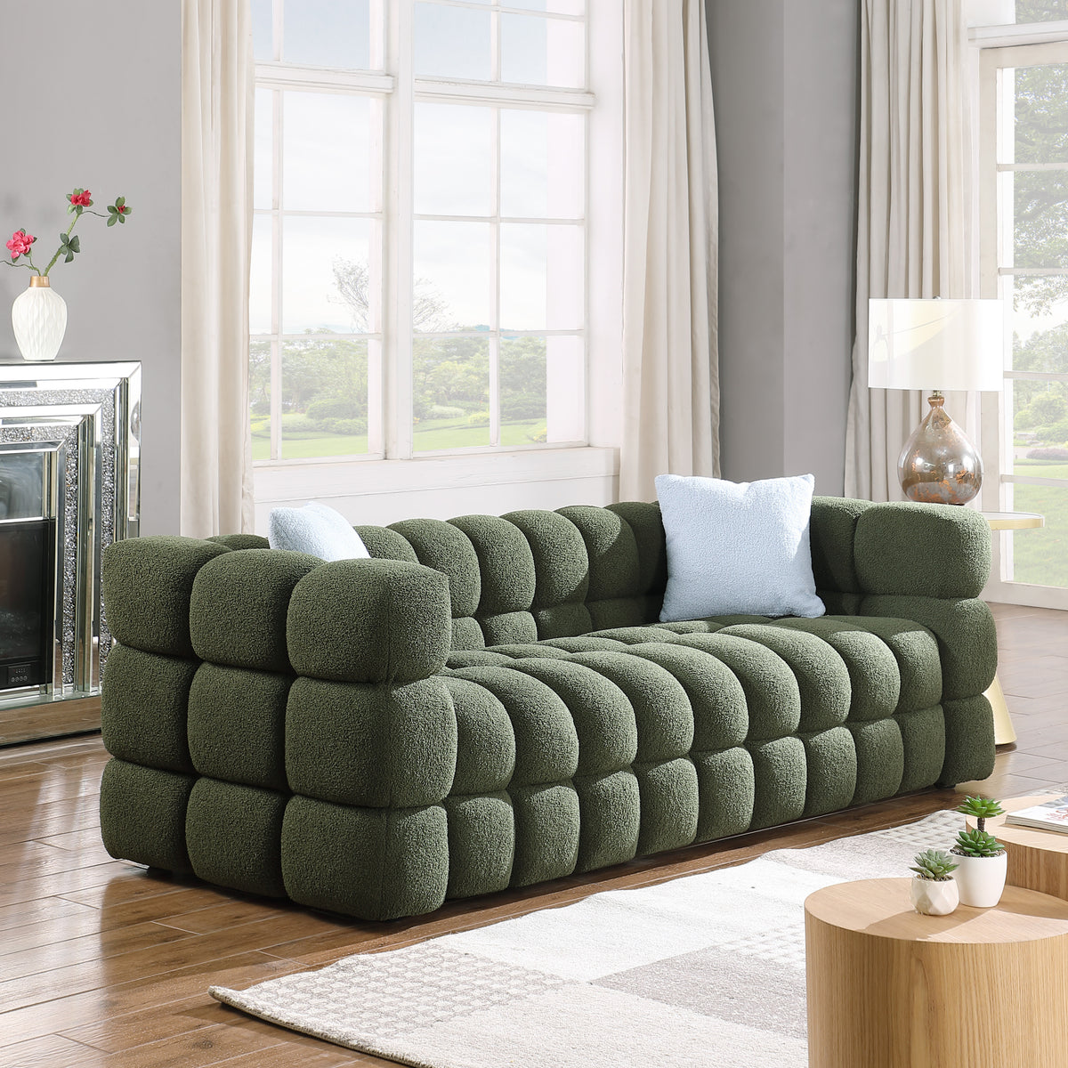 Olive Green Boucle 5-Seater Marshmallow Loveseat Sofa