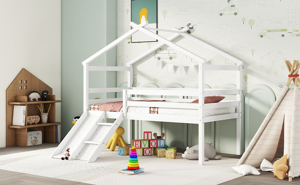 White Twin Low Loft House Bed with Slide and Ladder