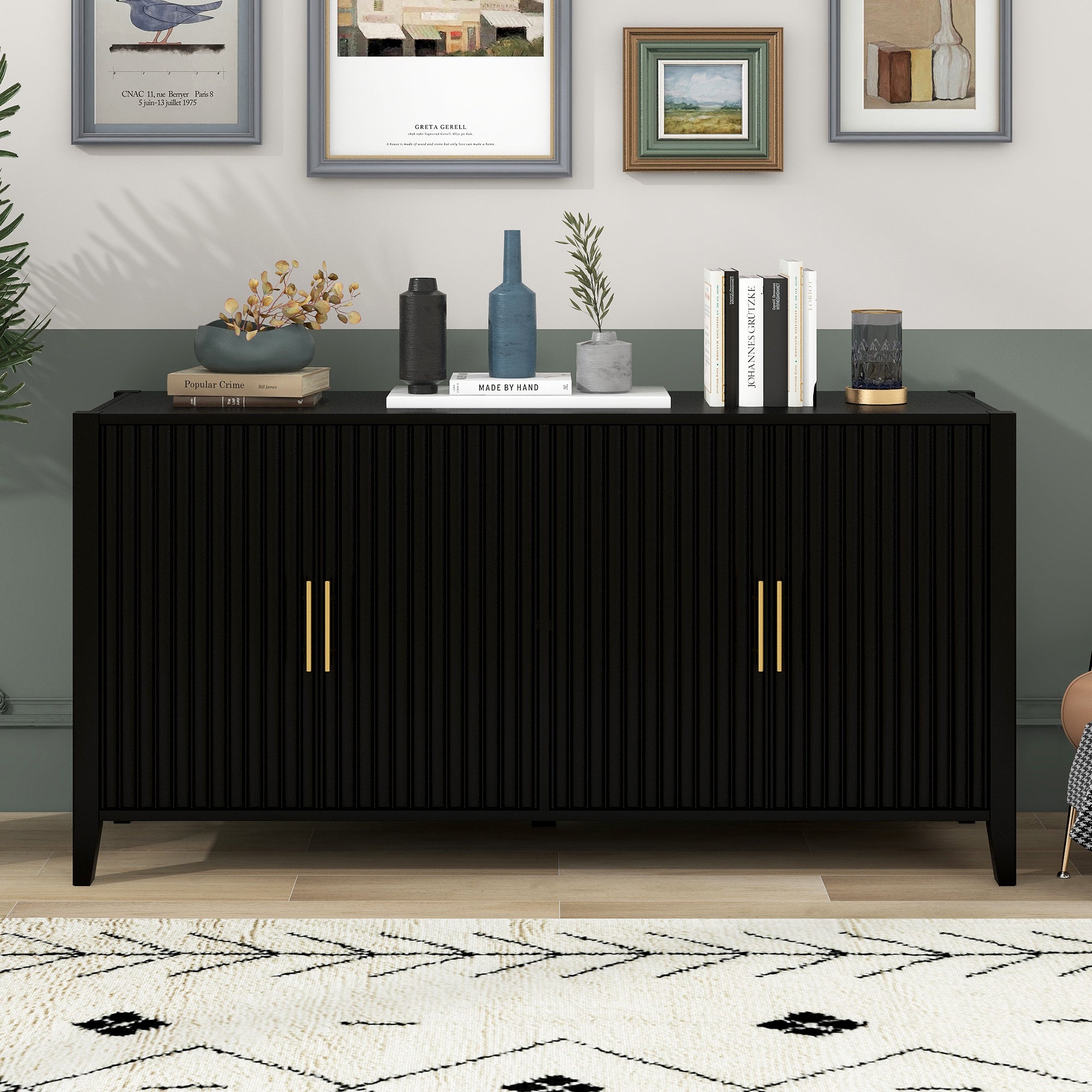 Accent Storage Cabinet Sideboard Wooden Cabinet with Metal Handles for Hallway Entryway Living Room In Black