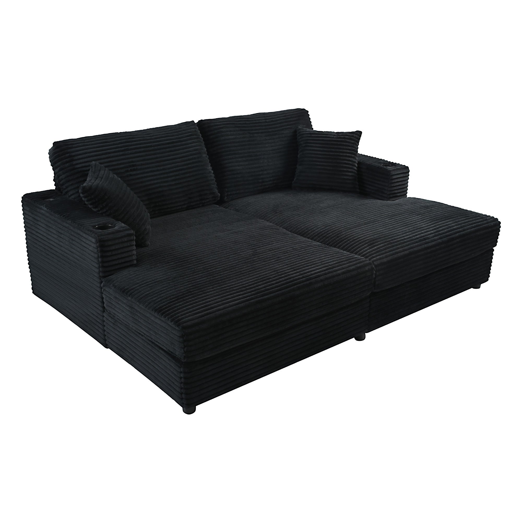 2-Seater Corduroy Chaise Lounge Sofa With Cup Holders