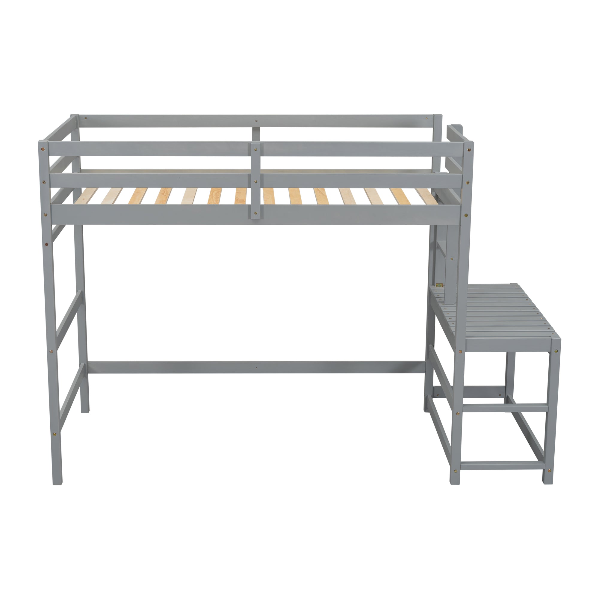 Gray Twin High Loft Bed with Ladder Landing Platform and Guardrails