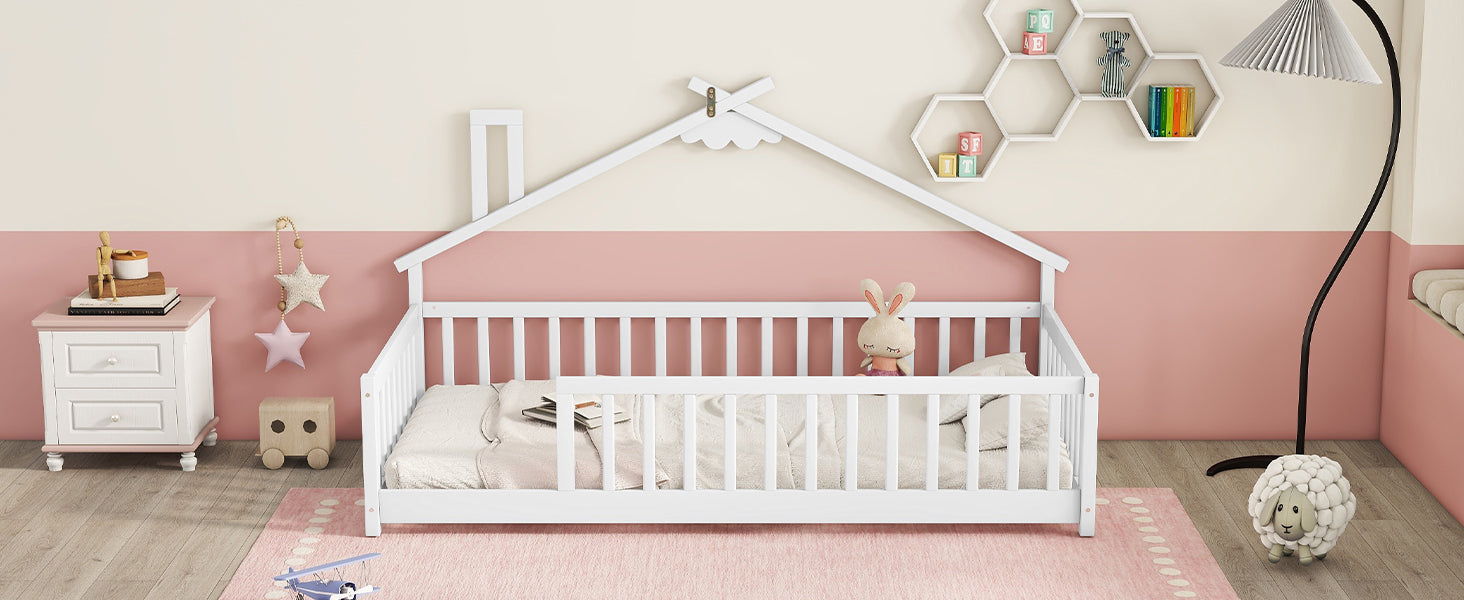 Twin House-Shaped Toddler Floor Bed with Guardrails and Slats