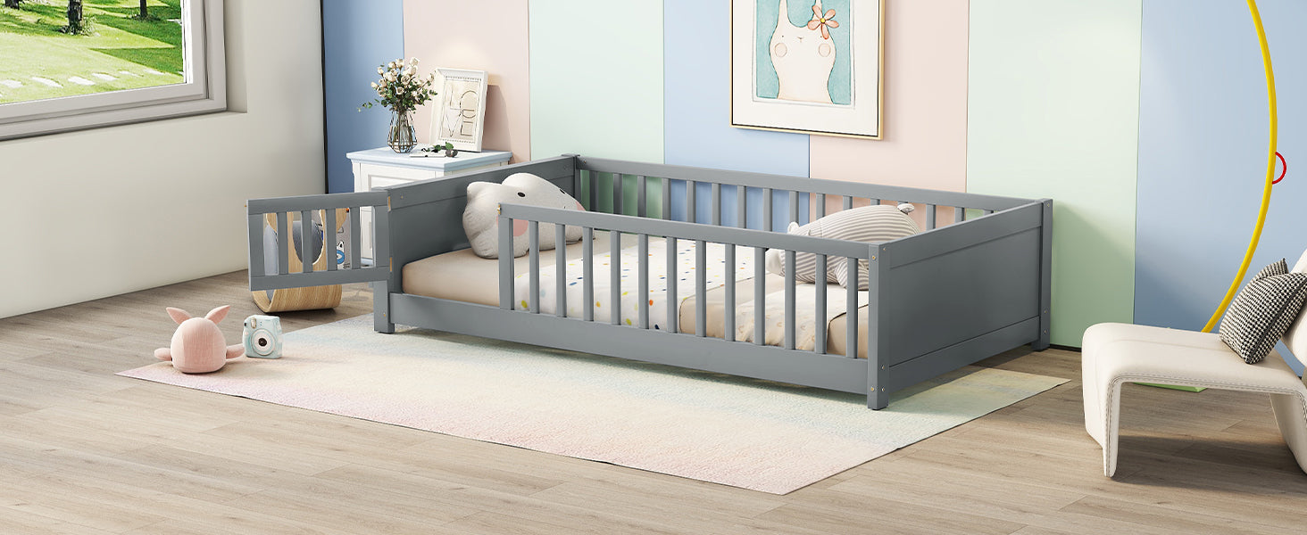 Gray Twin-Size Toddler Floor Platform Bed with Built-in Book Storage and Safety Guardrails