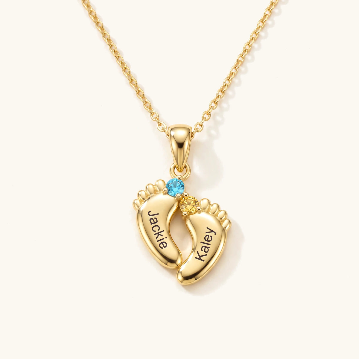 Personalized Baby Feet Name & Birthstone Necklace – gold baby feet pendant engraved with names and birthstones