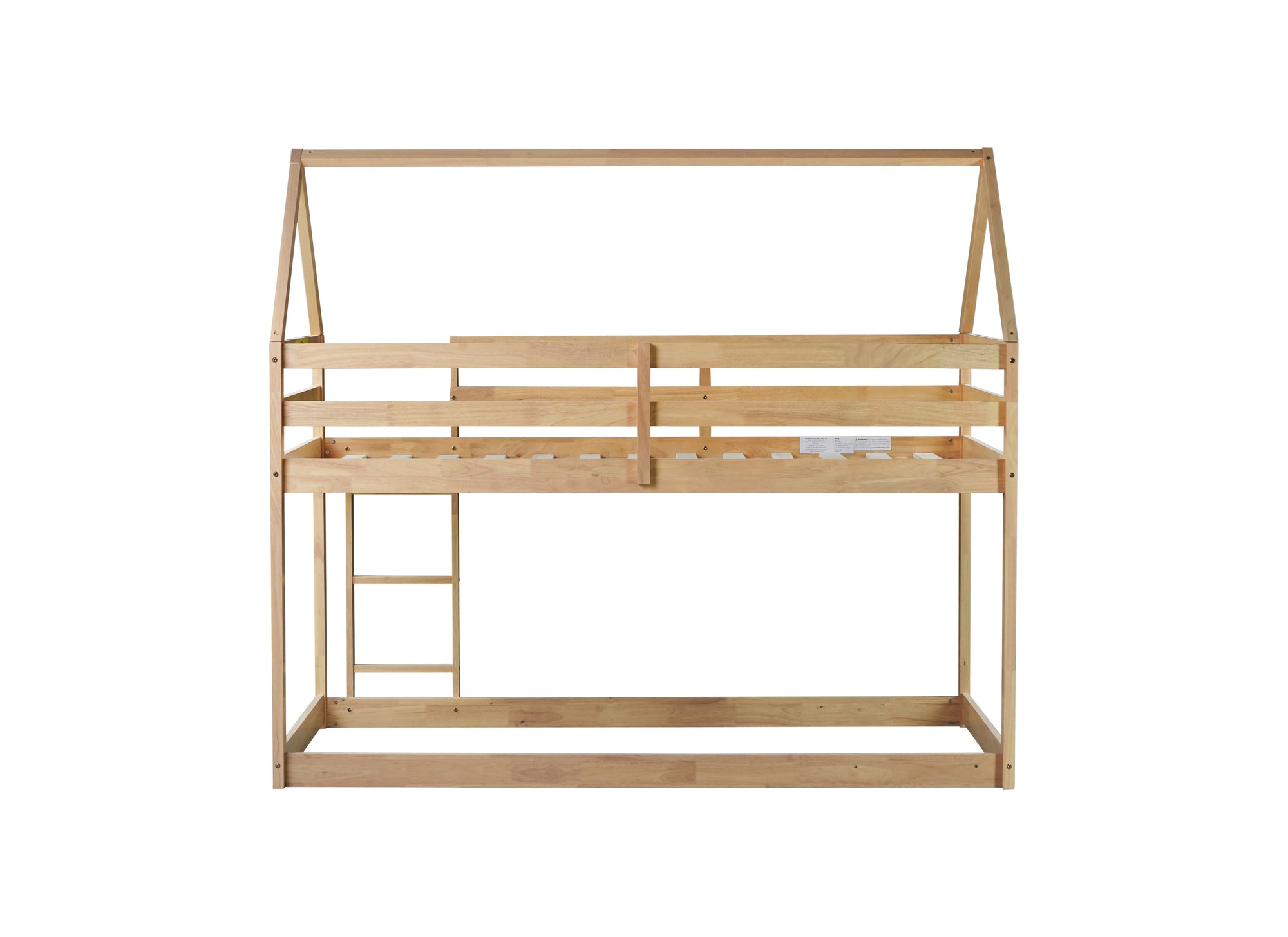 White Oak Twin Over Twin Rubber Wood House-Shaped Bunk Bed with Ladder & Guardrails