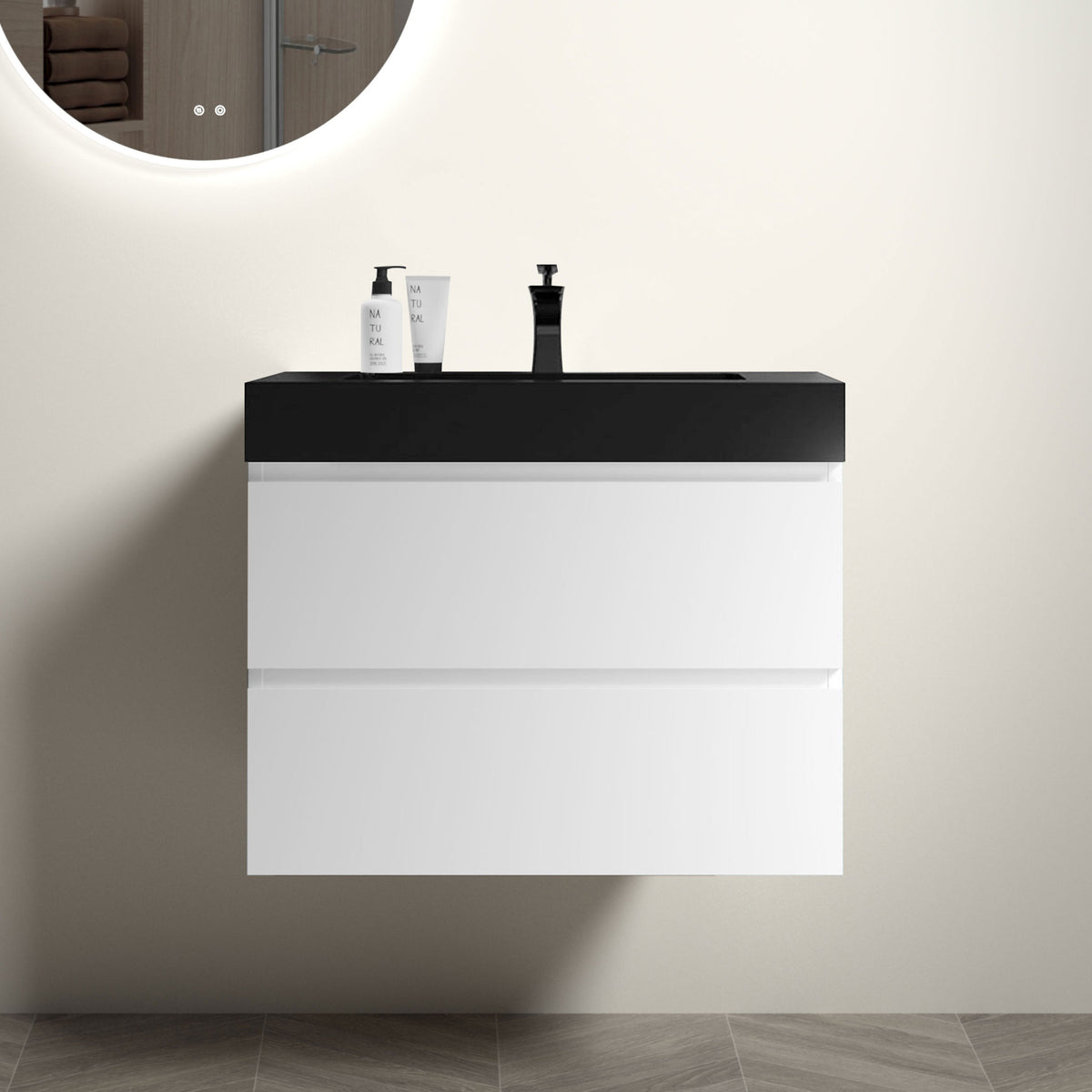 30&#39; White Bathroom Vanity with Sink Large Storage Wall Mounted Floating Design One-Piece Black Basin Pre-assembled In White and Black