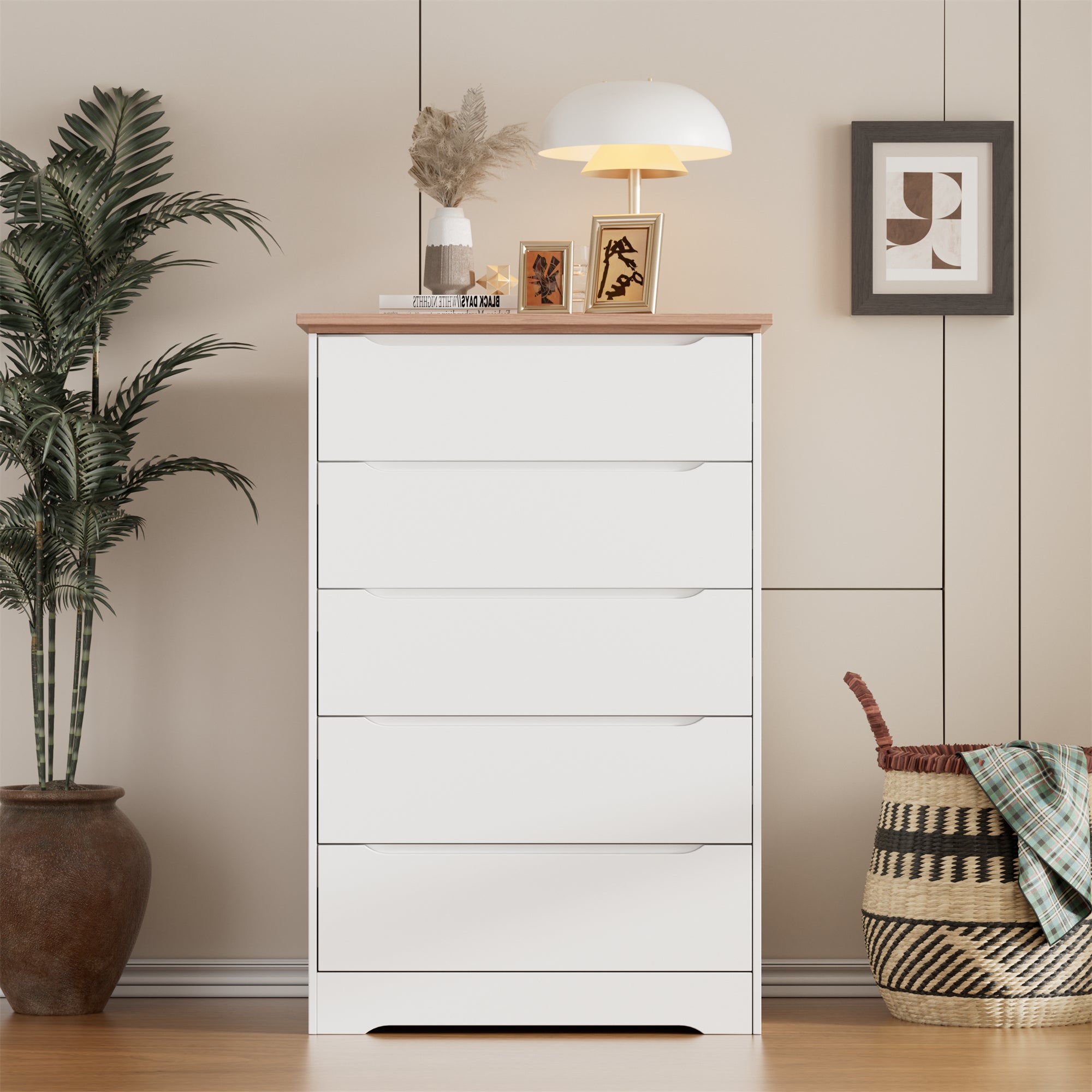 Modern 5 Drawers Dresser for Bedroom with Hidden Handle Design In White and Brown