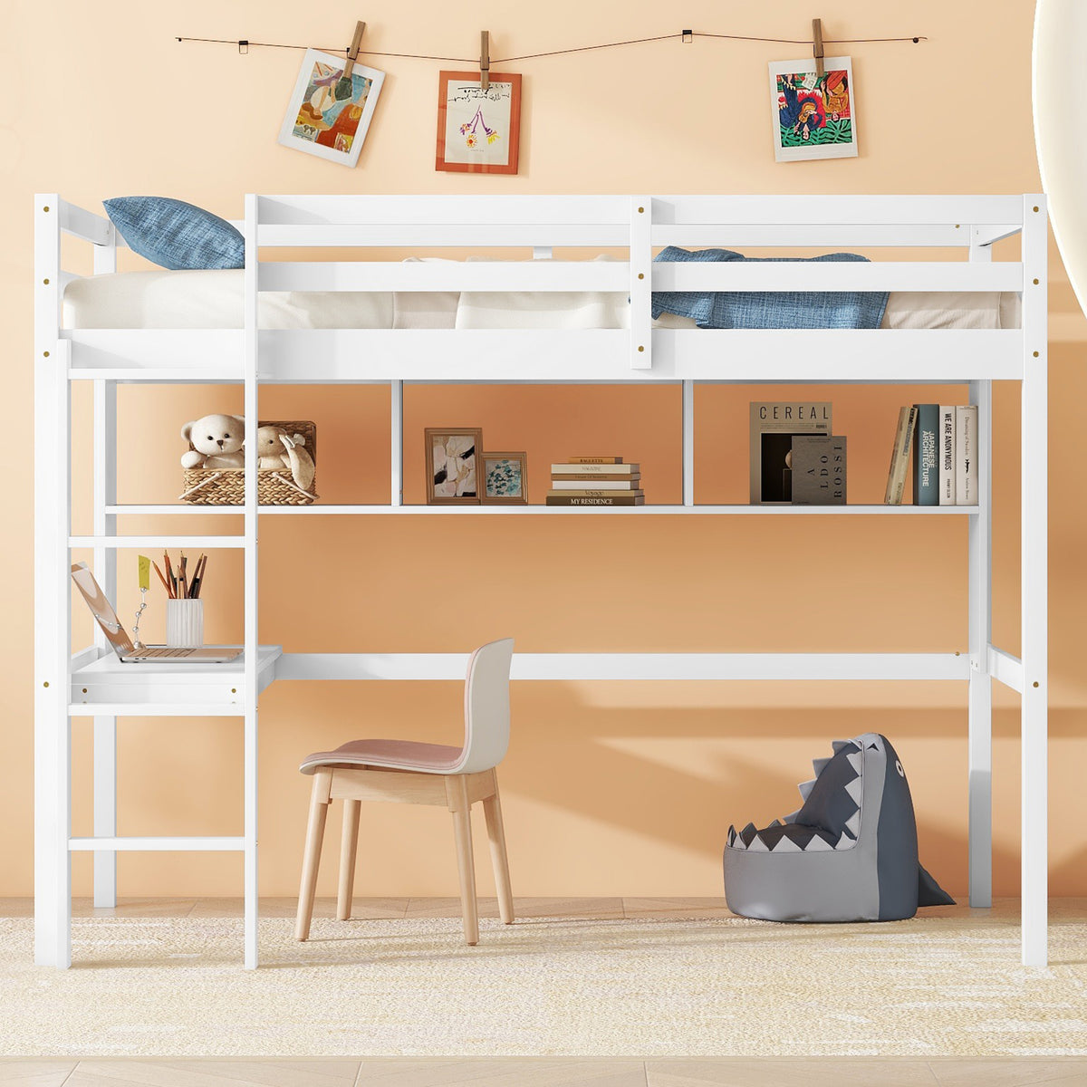 Twin Size Loft Bed For Kids with Desk, Shelves, Safety Guardrail &amp; Ladder