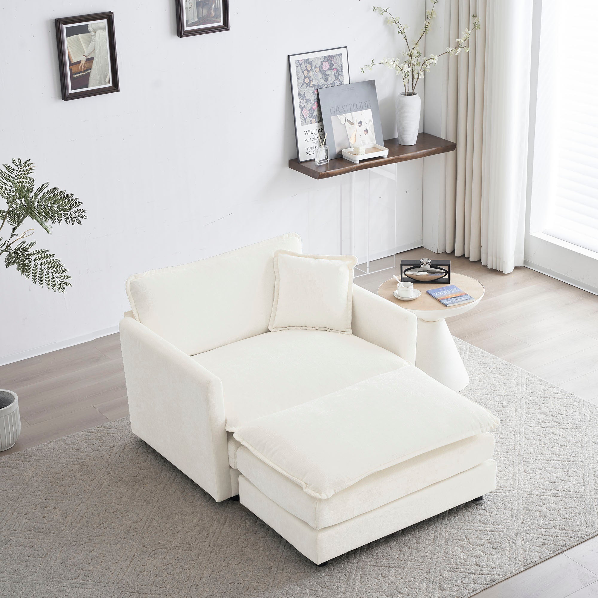 Modern Accent Chair with Ottoman Upholstered In White Chenille