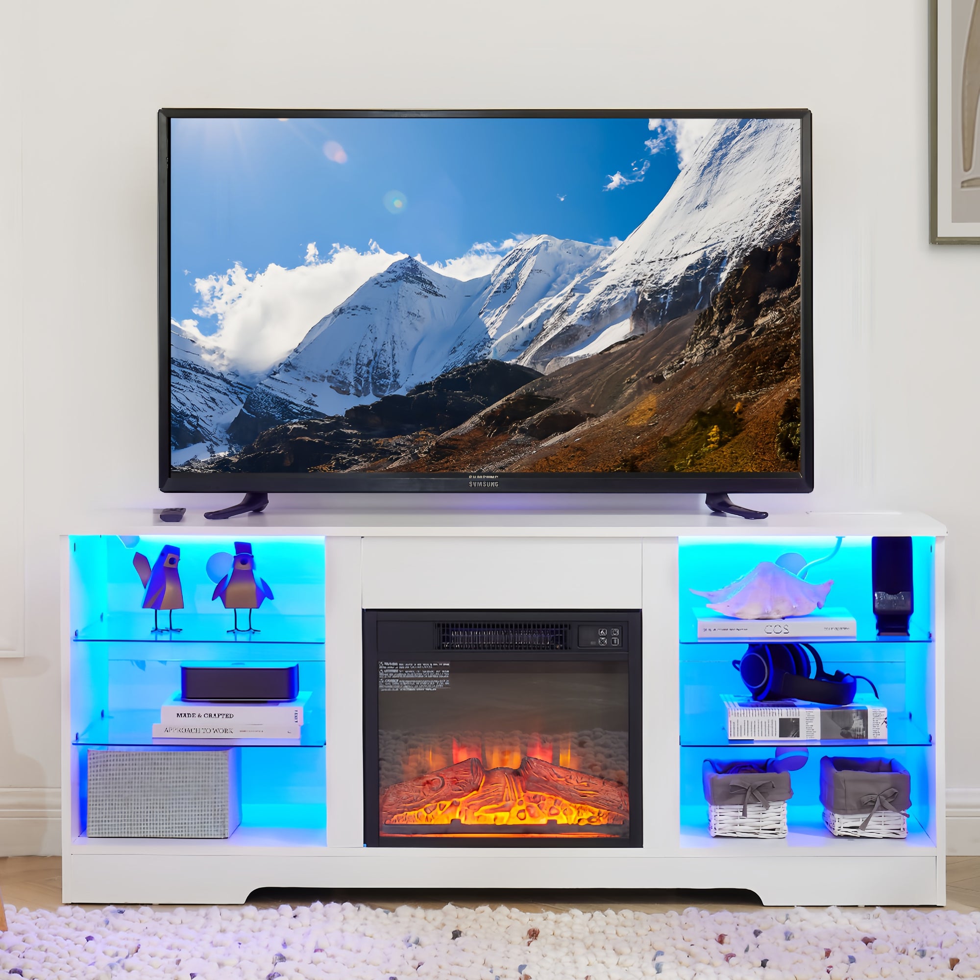 TV Stand Electric Fireplace with Glass Shelves and LED Lights for TVs up to 62 Inches In White