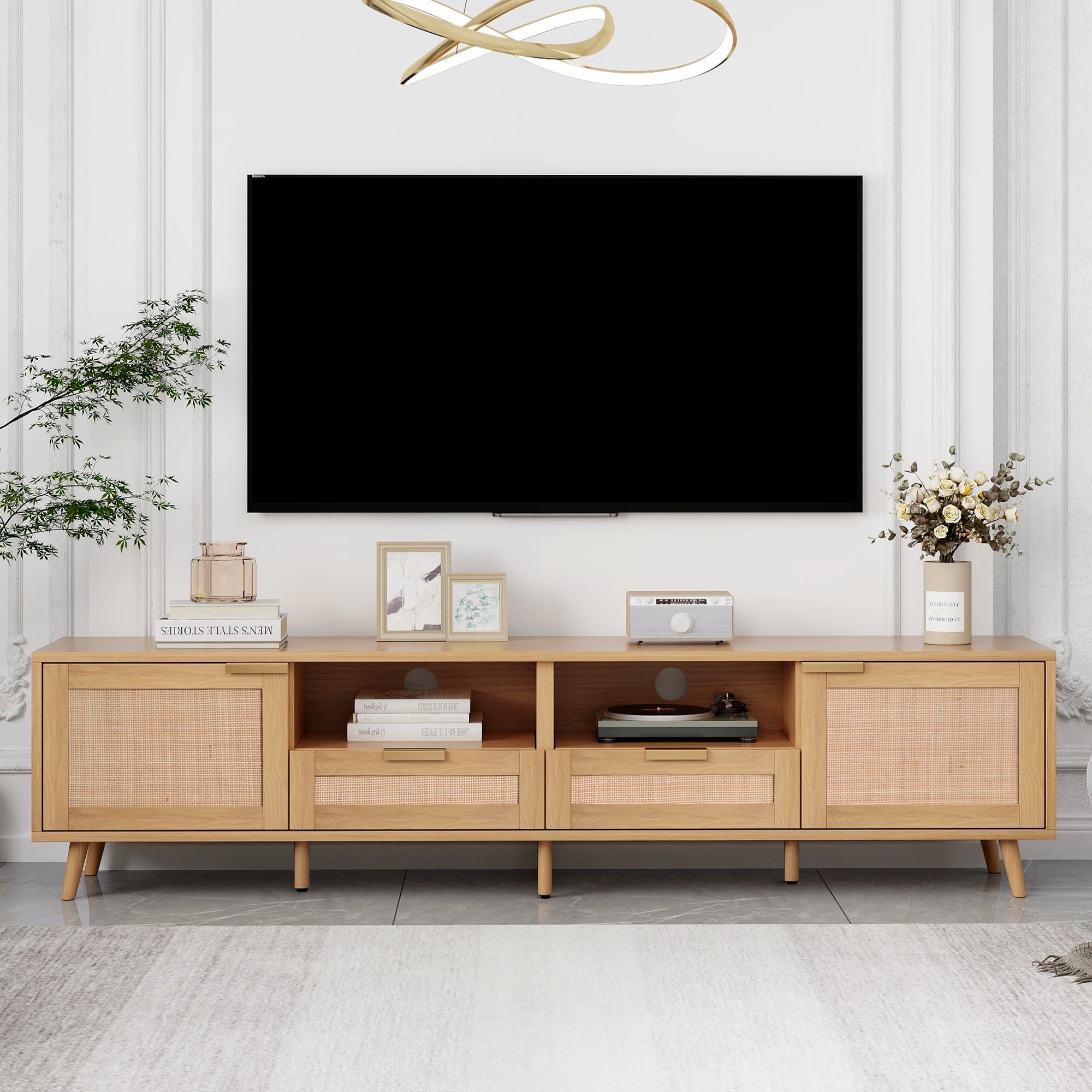 Rattan TV Stand for TVs Up to 85 Inch Modern Farmhouse Media Console with Solid Wood Legs In Wood